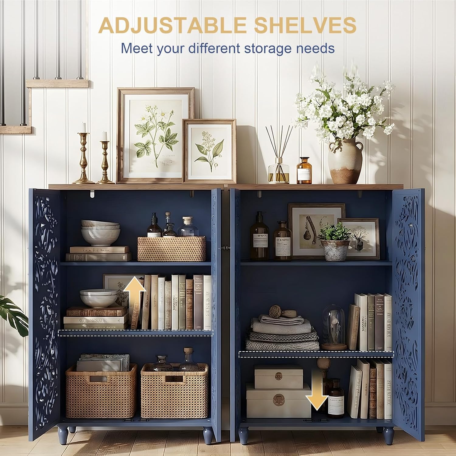 47" Tall Accent Cabinet with Carved Hollow Pine Doors, Distressed Gold Finish, Adjustable Shelves, Boho Farmhouse Decorative Buffet Storage Cabinet for Living Room Kitchen, Blue