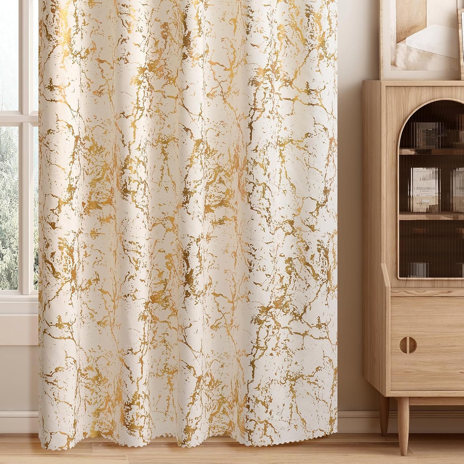 Marble Pattern Grommet Curtains, Gold Metallic Print on White, Room Darkening Window Panels (54" W x 66.9" L (Pack of 2))