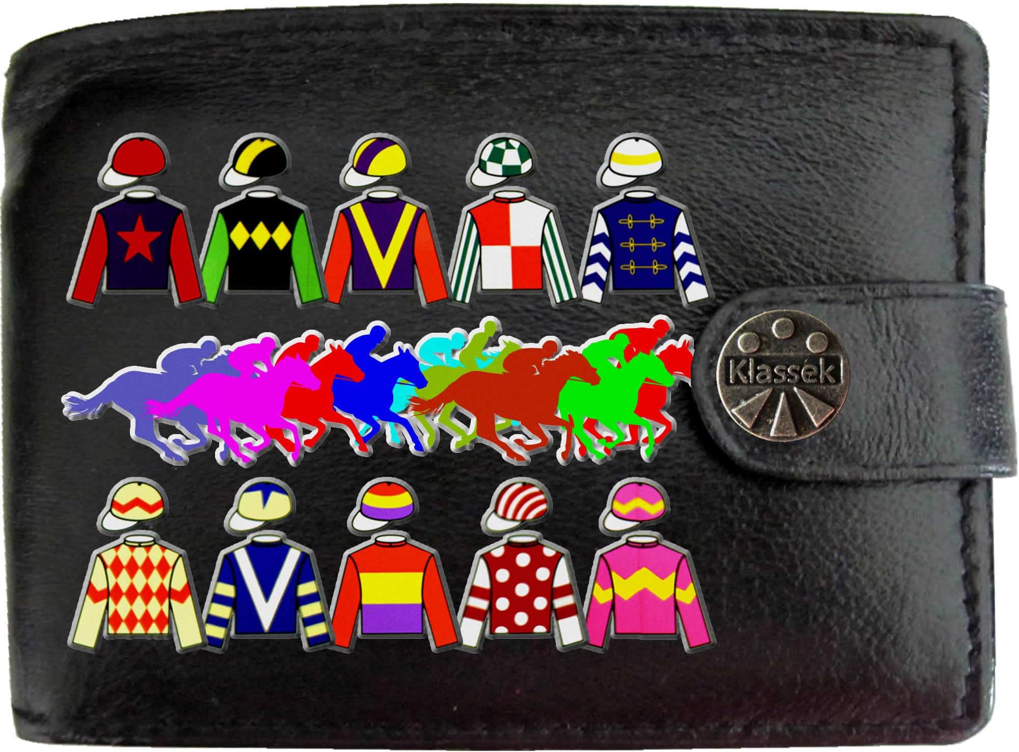 KlassekJockey Racing Colours Silks Betting Gambling Mens Wallet Real Black Leather RFID Blocking with Coin Pocket and Metal Gift Box