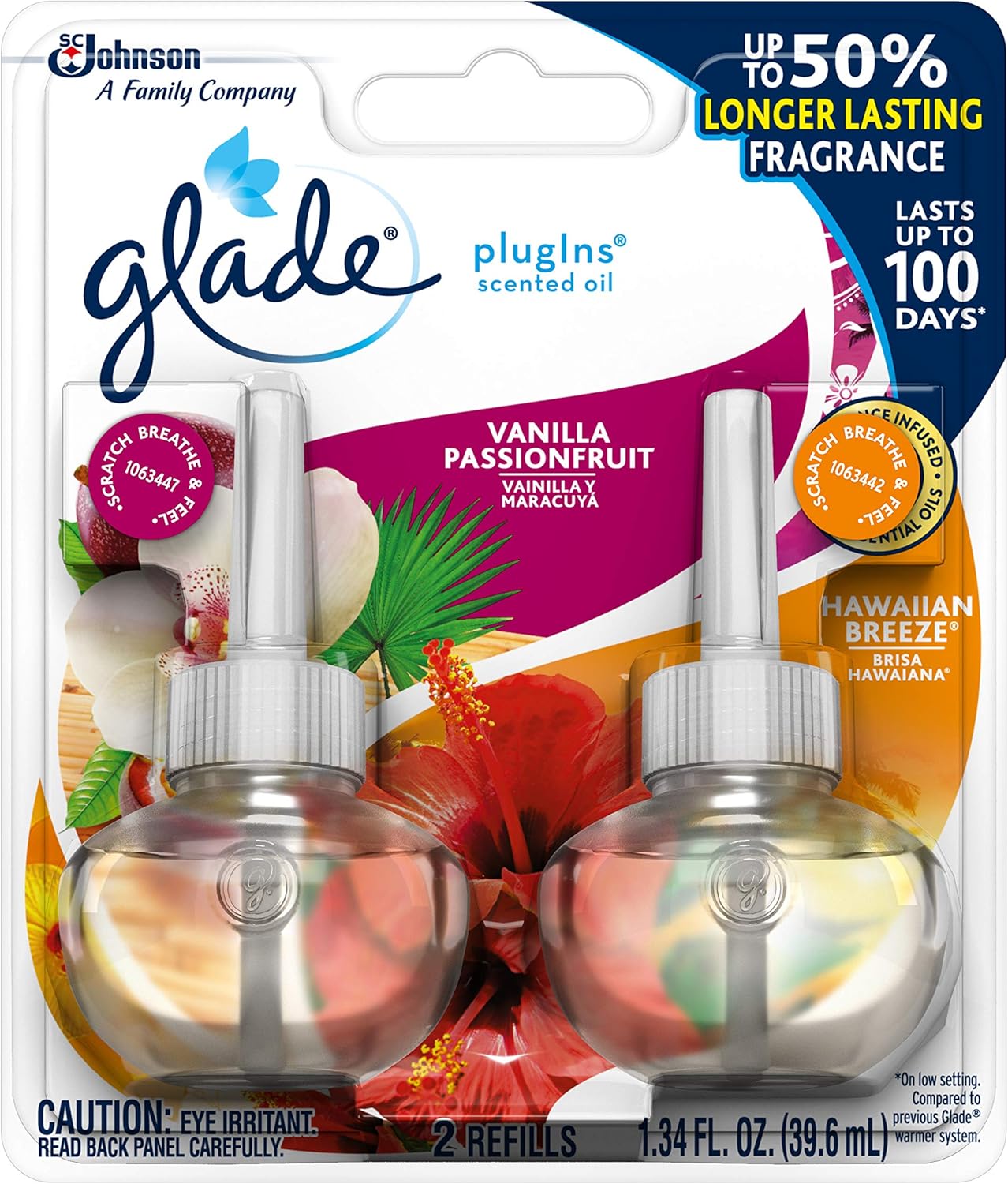 Glade PlugIns Refills Air Freshener, Scented and Essential Oils for Home and Bathroom, Hawaiian Breeze & Vanilla Passion Fruit, 1.34 Oz, 2 Count (Pack of 3)