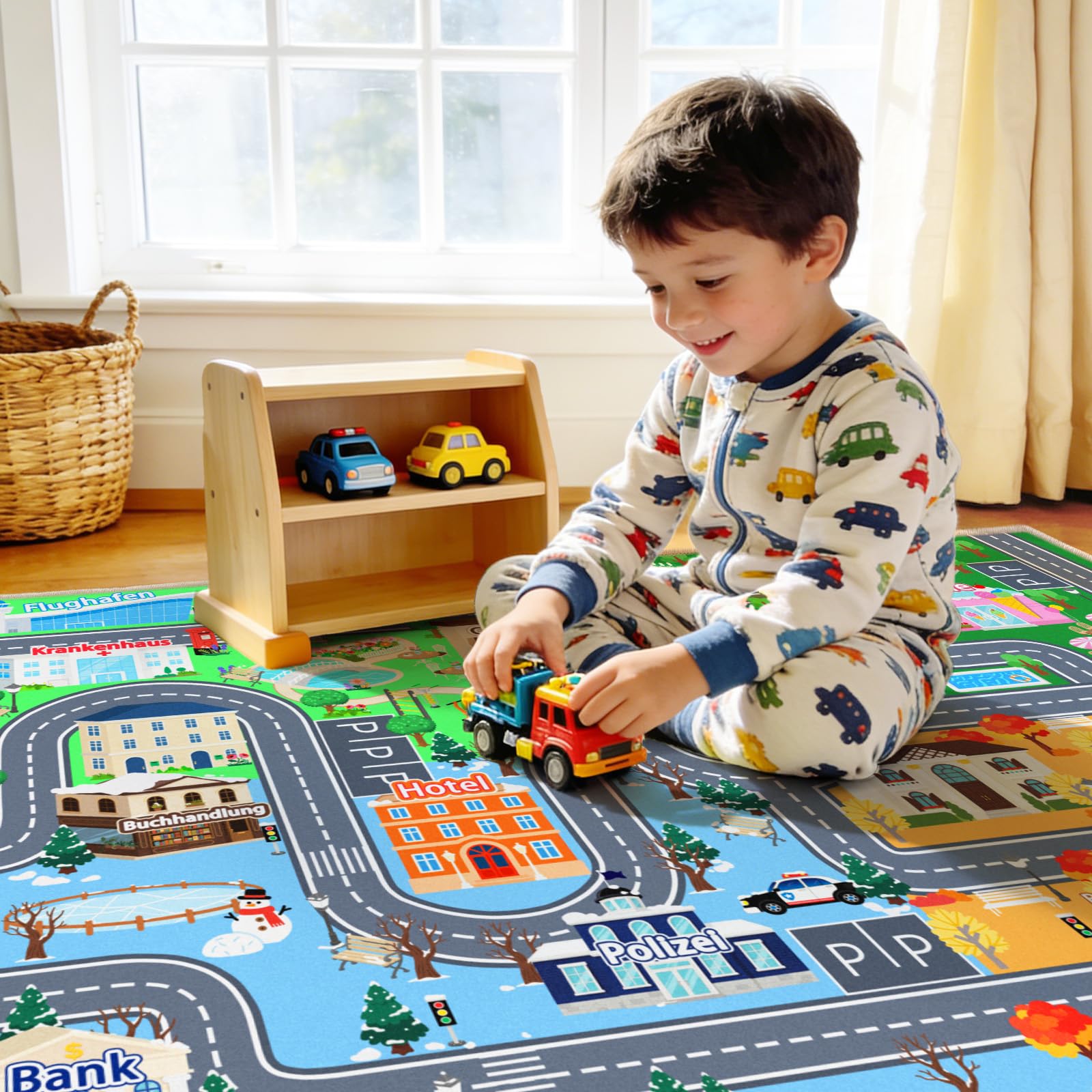 Kinder Autoteppich für Spielzimmer 120 x 160 cm, Waschbare Spielmatte | Straßenteppich Kinder, Rutschfester Kurzflor Teppich für Kinderzimmer, Spielteppich für Jungen und Mädchen