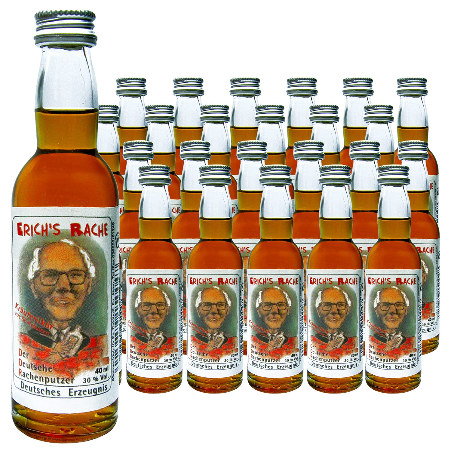 Erichs Rache Halbbitter Kräuterlikör 24x 40ml – Deutscher Rachenputzer mit 56 erlesenen Kräutern – Geschützte Rezeptur seit 1923 – Ostalgie Spirituose & Geschenkidee