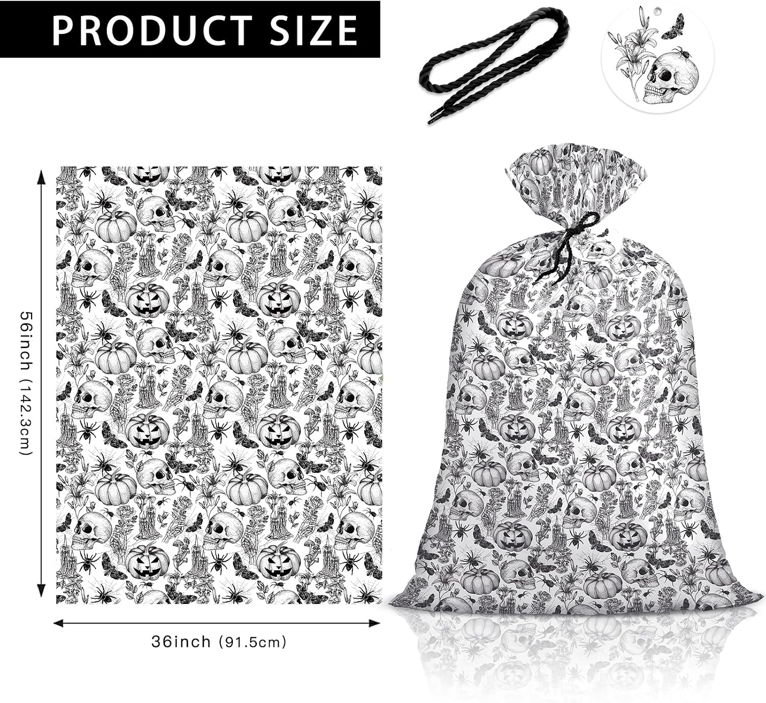 Loveinside Halloween Jumbo Plastic Gift Bag, Gothic Skull & Pumpkin Black and White Design, Reusable Plastic Bag with Tag and Tie for Spooky Party, Trick or Treat, Holiday Presents, 56" x 36", 1 Pcs image 2