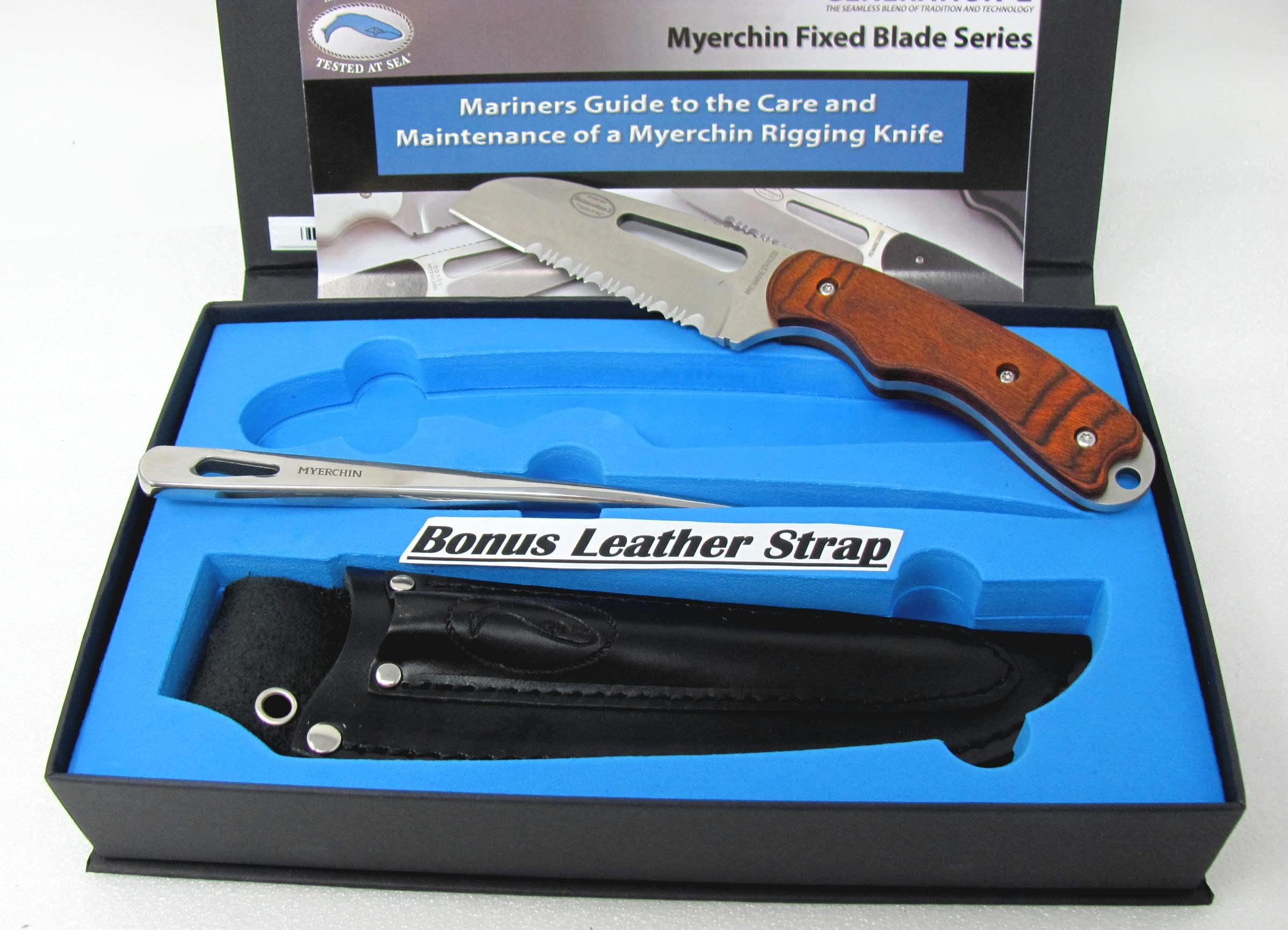 Myerchin W100P Generation 2 Wood Offshore System - Fixed 3/4 Serrated Pro Marine Stainless Steel Blade - Bubinga Wood Handle - Includes Marlinspike and Leather Sheath - Professional Rigging Tool Kit With BONUS Leather Lanyard Strap