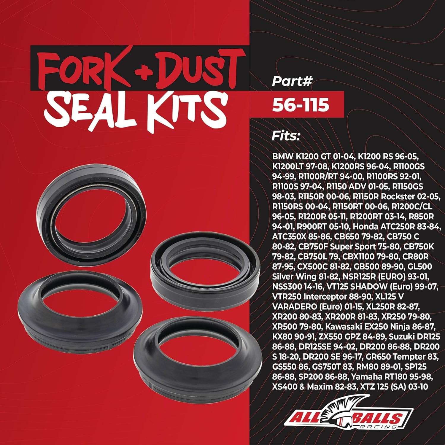 All Balls Racing 56-115 Fork and Dust Seal Kit Compatible with/Replacement for Suzuki Yamaha Honda Kawasaki