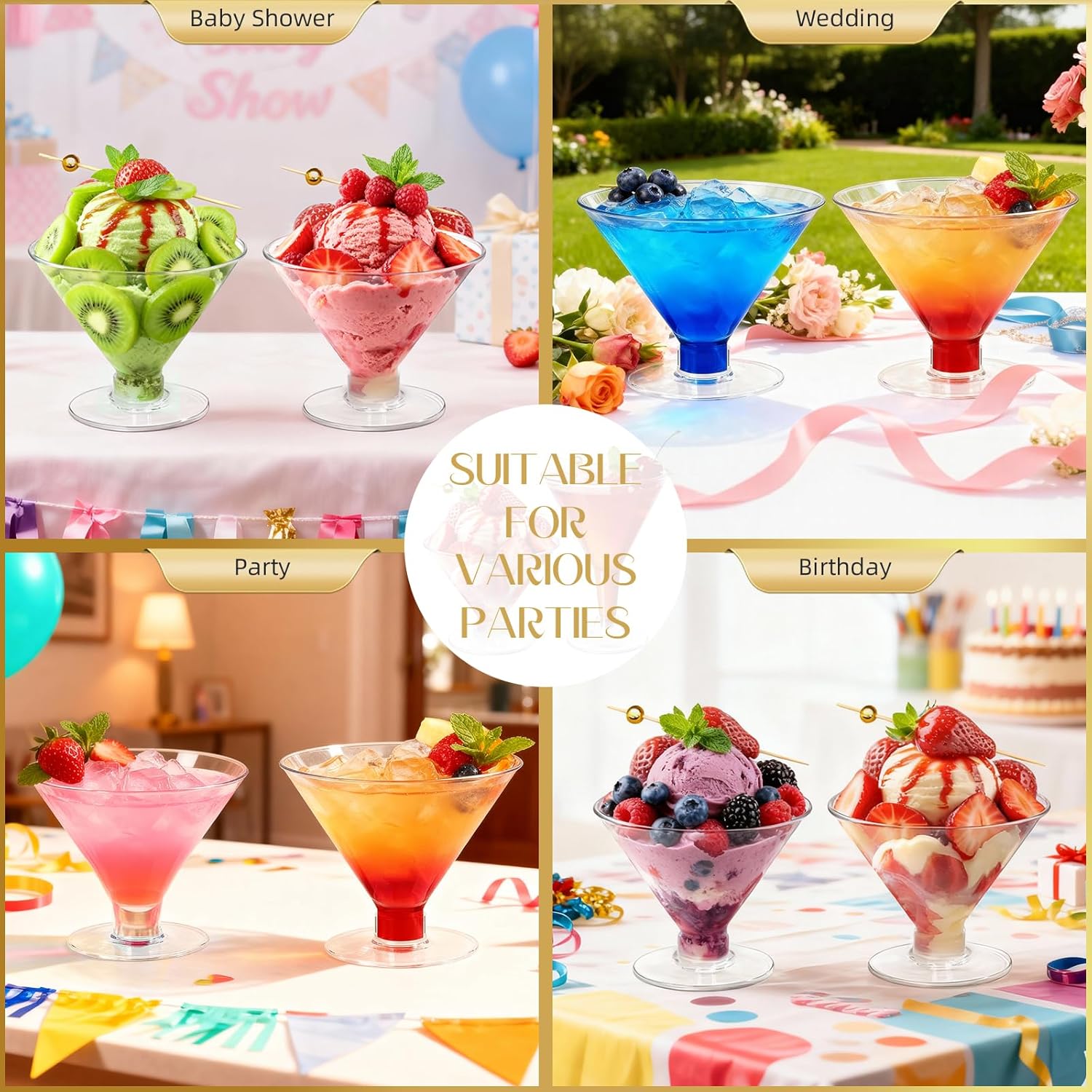 100 PCS Plastic Martini Glasses Disposable, 5oz Clear Martini Plastic Glasses with Cocktail Picks, Unbreakable Mini Cocktail Cups for Weddings Party