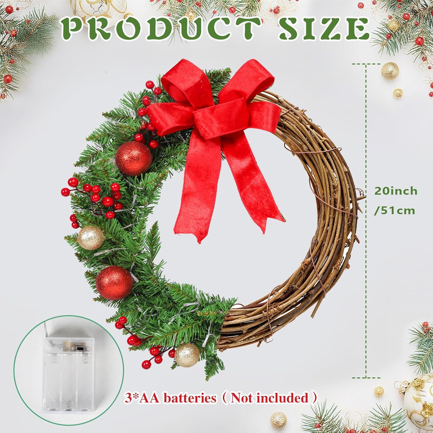 WONDER GARDEN Christmas Wreath with Lights, 20 Inch Pre-Lit Christmas Front Door Wreaths with Red Bow, Berries and Balls, Battery Operated Holiday Decoration for Indoor Outdoor Wall Fireplace Decor