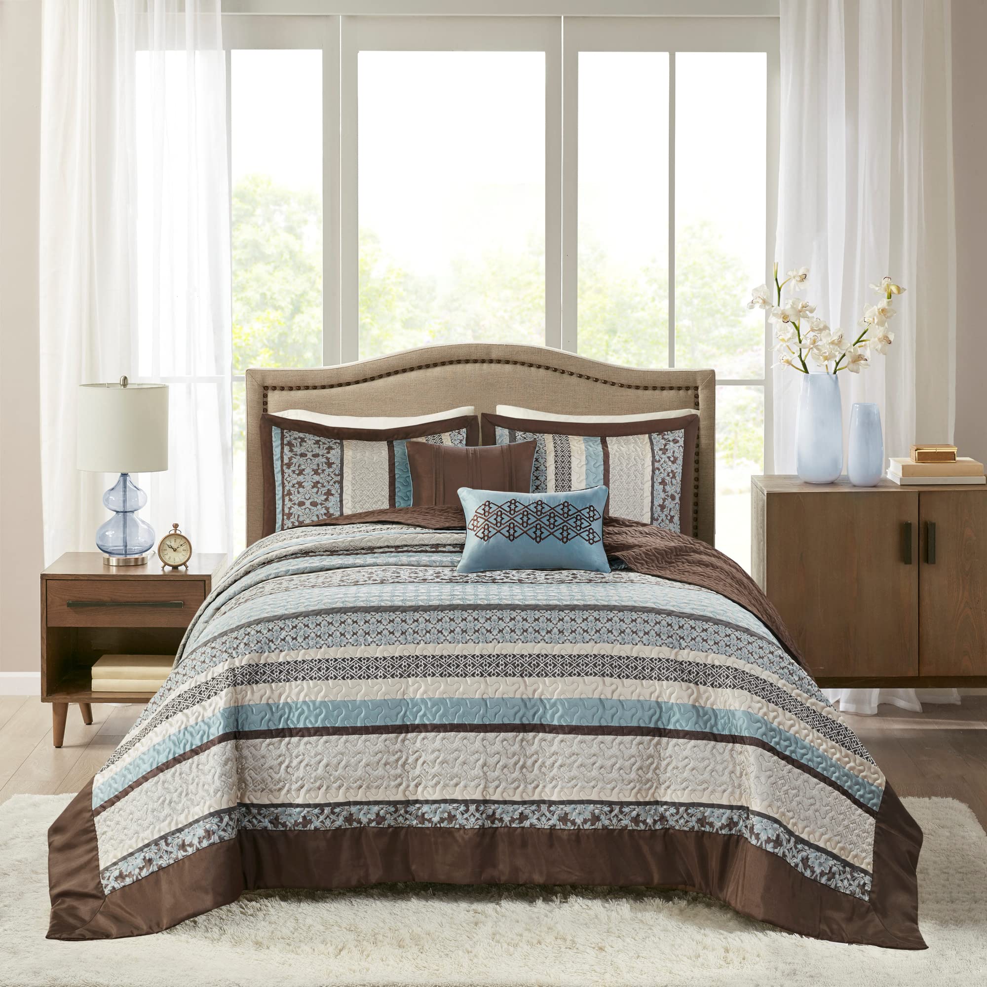 Photo 1 of Madison Park Princeton Reversible Quilted Bedspread Set, Solid Reverse Summer Breathable, Lightweight All Season Bedding Layer, Matching Shams, Bedspread King(120"x118"), Blue 5 Piece Blue/Brown Oversized King Bedspread Set