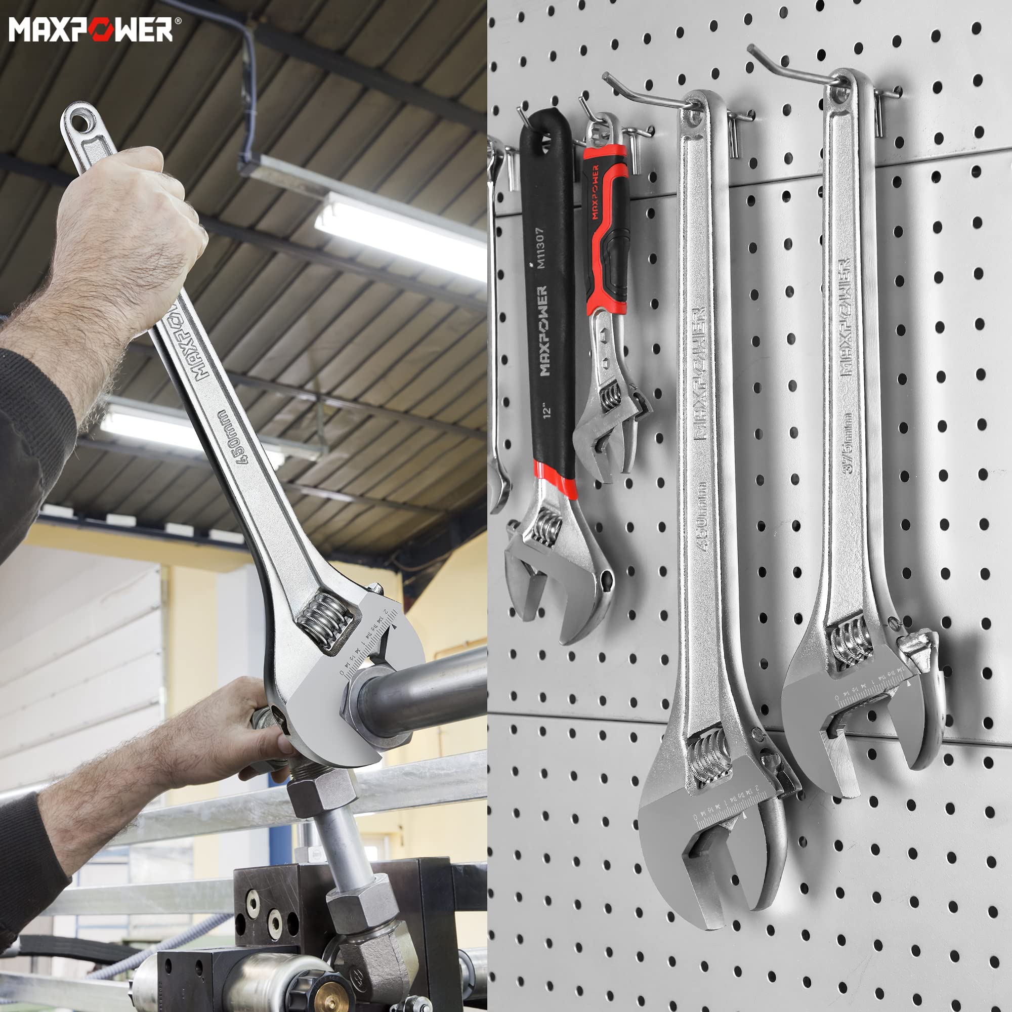 MaxPower Chiave Regolabile da 18" (450 mm), Chiave in Acciaio Cr-V con Apertura da 55 mm, Chiave Professionale con Scala Metrica e SAE per Impianti Idraulici