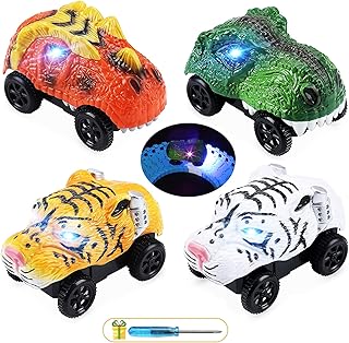 Tracks Cars Replacement only, Magic Cars for Tracks Glow in The Dark, Car Tracks Accessories with 3 Flashing LED Lights, Compatible with Most Car Tracks for Kids Boys and Girls(4pack)