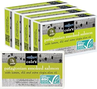 Cole's Patagonian Smoked Salmon Fillet with Lemon & Dill in EVOO | 3.2oz Hand-Packed Canned, 13g Protein, Pack of 5