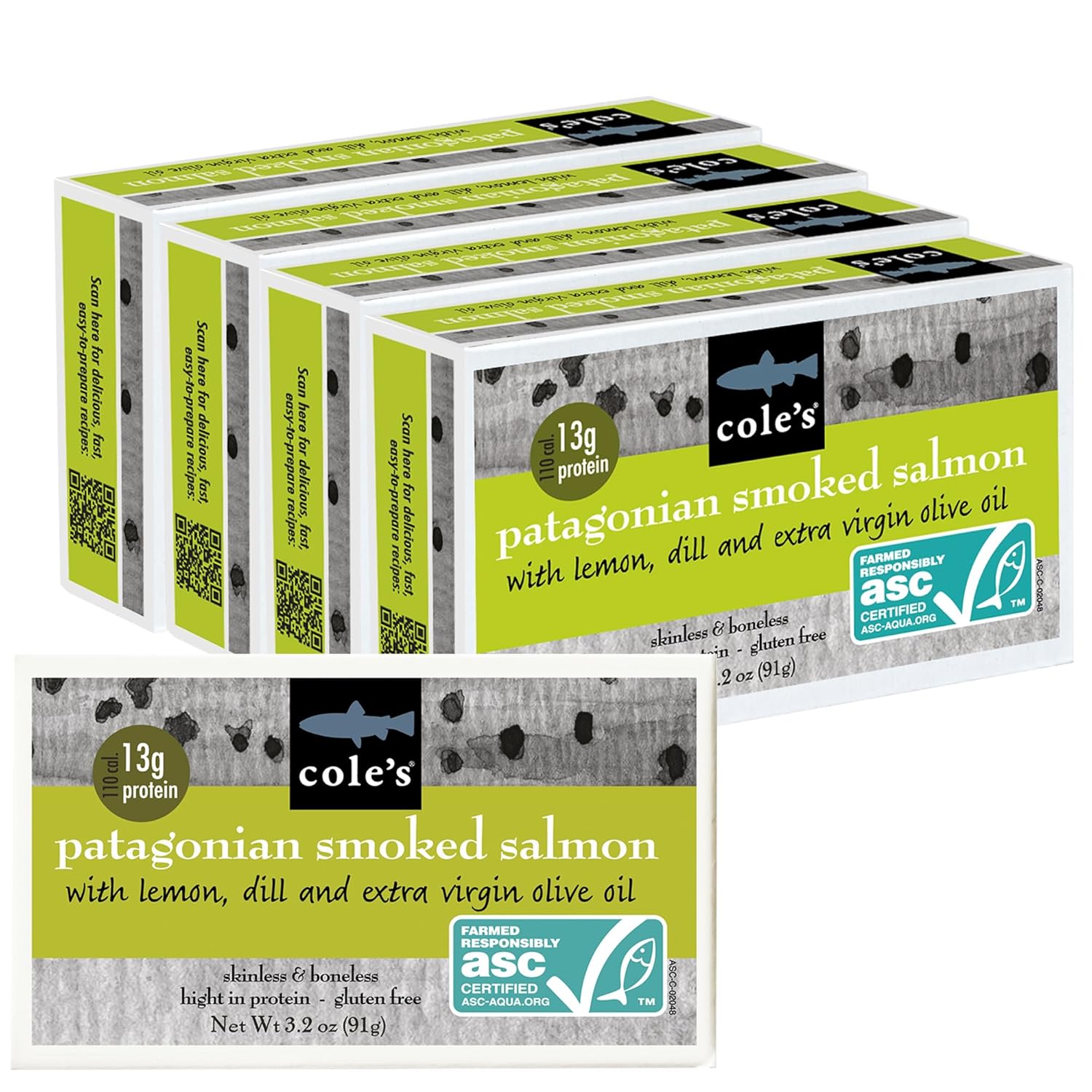 Cole's Patagonian Smoked Salmon Fillet w/Lemon & Dill in Extra Virgin Olive Oil | 3.2 oz Hand-Packed Smoked Salmon Canned | 13g Protein | Pack of 5