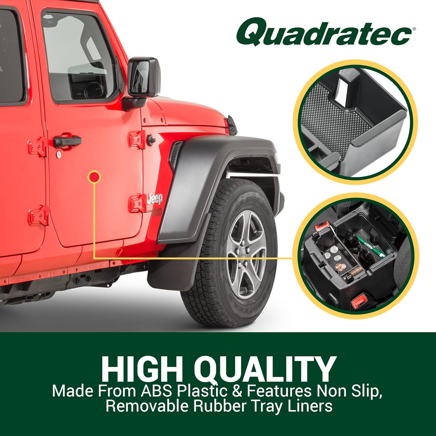Quadratec Center Console Storage Tray - Fits Jeep Wrangler JL, JLU & Gladiator JT 2018-2022 - Non-Slip Rubber Base - Jeep Wrangler Interior Accessories Storage Organizer - Phone Keys Flashlight Holder