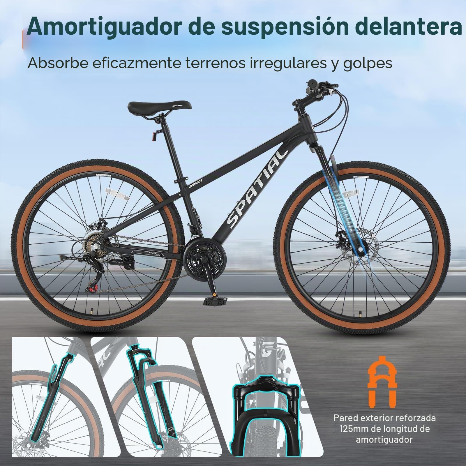 SPATIAL MTB Bicicleta de Montaña para Adultos y Jóvenes - 29/27,5/26/24 Pulgadas, 8/21 Velocidades, Frenos de Disco Mecánicos Dobles, Cuadro de Aluminio, Suspensión Delantera, Asiento Ajustable