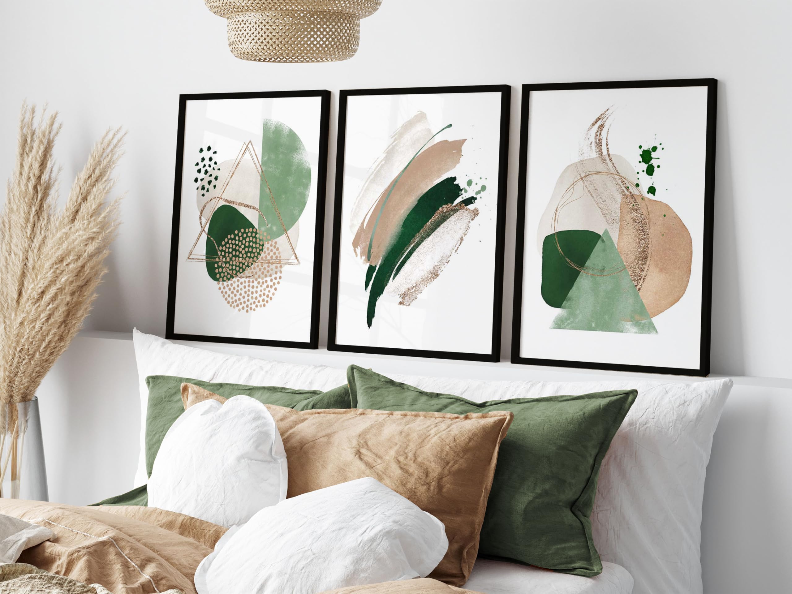 ARTZE Set of 3 Abstract Green and Beige Wall Art Black Frames Size: (A2-45 x 62 cm)