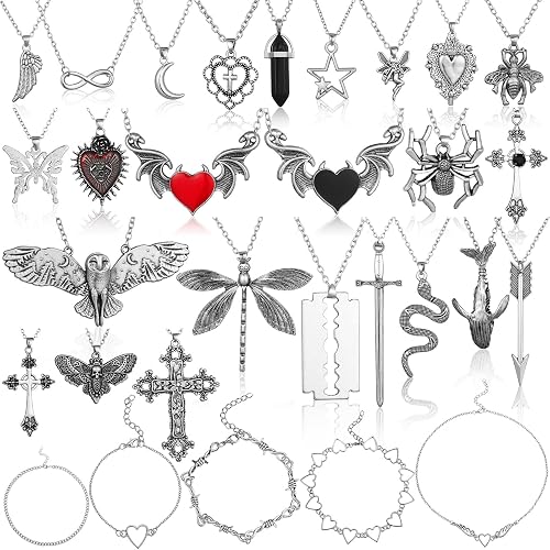 Bonuci 30 Pieces Grunge Necklace Set Goth Cross Necklace Y2K Necklet Punk Rock Vintage Harajuku Gothic Feather Chain Choker Necklet Jewelry Costume Accessories(Classic Style)