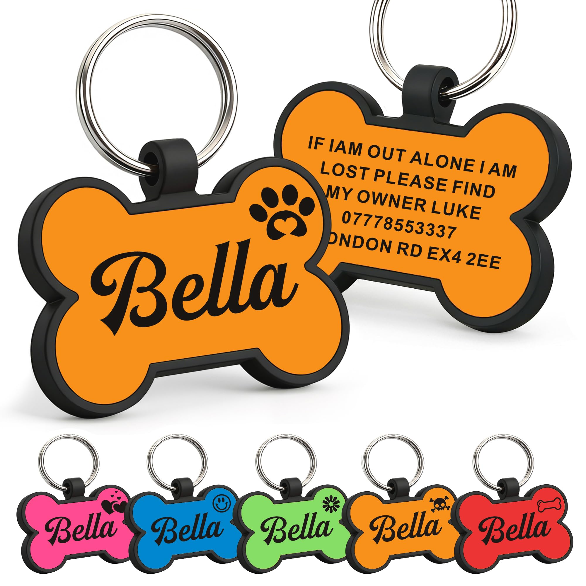 Dog Tags for Pets Engraved UK Personalised Dog Tag Dog Name Tag ID Tags Custom Dog Tags for Dogs Cats Puppy Kitty Silicone Personalised Dog Tag 2 Shapes & 5 Colours(Orange Bone) — image 1