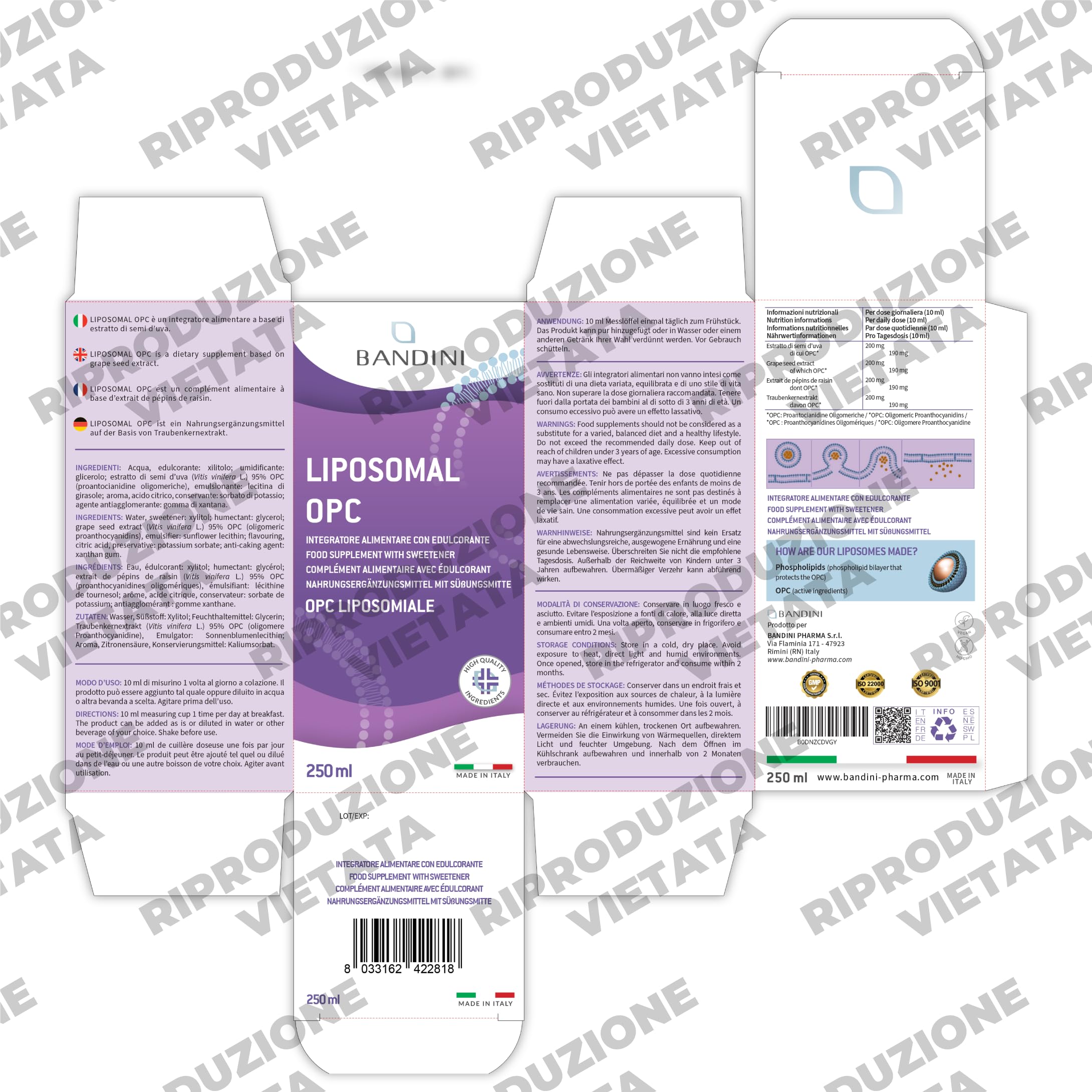 Bandini® OPC Liposomiale Liquido 250ml - Estratto di Semi d'Uva 95% OPC (200mg a Dose) - Formula Assorbimento Ottimale con Tecnologia Liposomiale - Integratore Antiossidante Naturale - Per 25 giorni