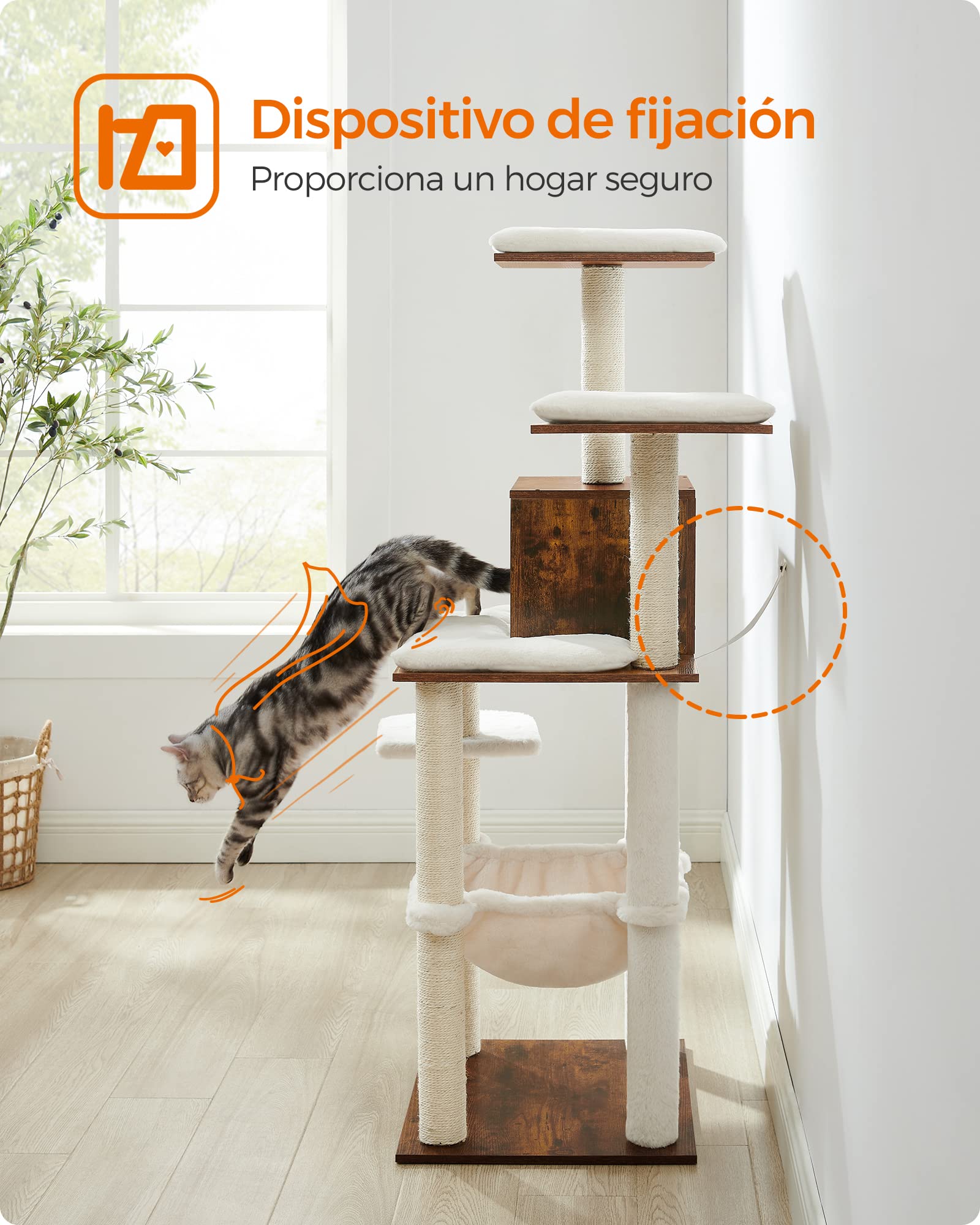 FEANDREA Árbol para Gatos de Interior 138 cm - Torre Moderna con Postes de Rascado, Hamaca, Felpa Suave, Cojines Lavables, Condominio de Varios Niveles, Marrón Rústico
