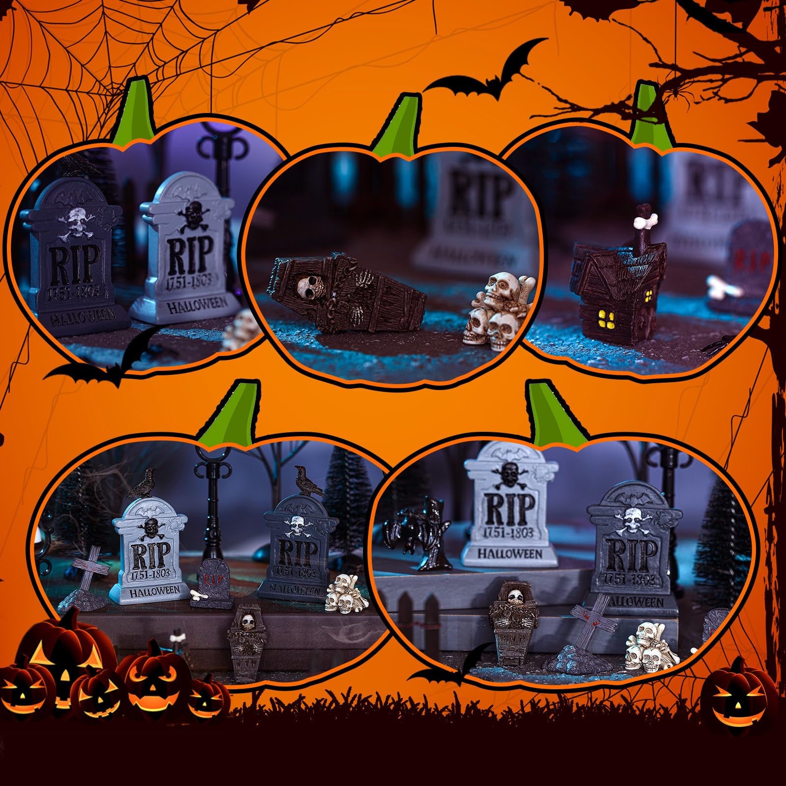 Zeyune Halloween-Dorf-Zubehör-Set, nackte Zweige, Flaschenbürste, Bäume, Halloween-Nacht-Straßenlampen, Figuren-Set mit LED-Lichterkette für Party-Dekoration (Skelett, 33 Stück)