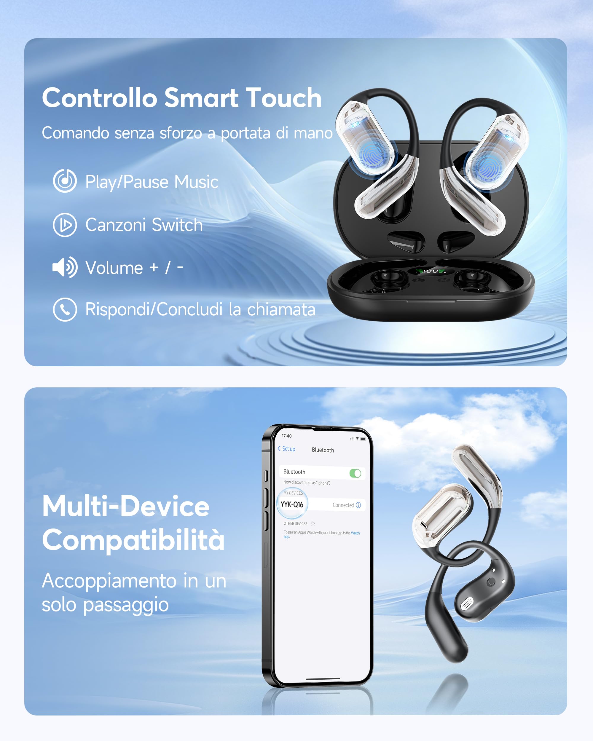 Cuffie Bluetooth Auricolari Bluetooth 5.4, Sport Cuffiette Wireless, Cuffie Open Ear 48 Ore di Riproduzione, Cuffie Senza Filo HiFi Stereo IP7 Impermeabili, Auricolare Bluetooth per iOS & Android