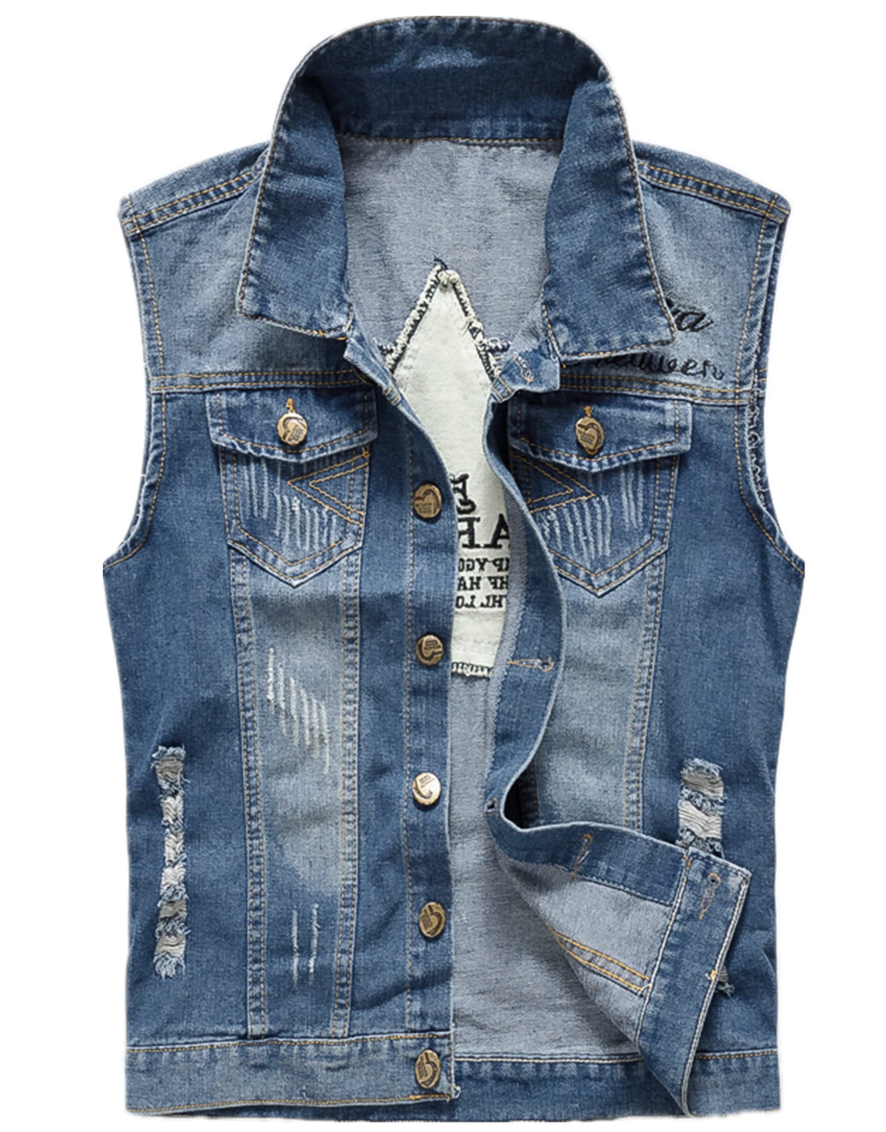 Mens Denim Gilet Casual Ripped Vintage Biker Waistcoat Cowboy Sleeveless Vest Jacket