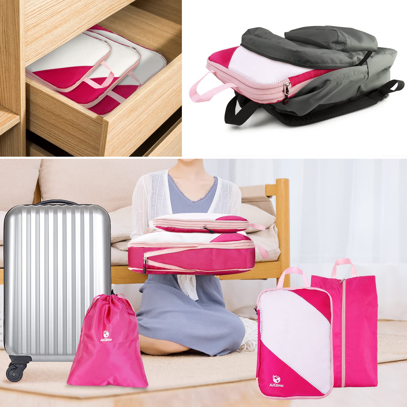 AiQInu Organizer Valigia 5 Pezzi Set, Compressione Packing Cube Salvaspazio Espandibile Ultraleggero Viaggio Organizer per i Vestiti,Scarpe,Intimo Set da Viaggio per Zaini o Bagagli a Mano (Rosa)