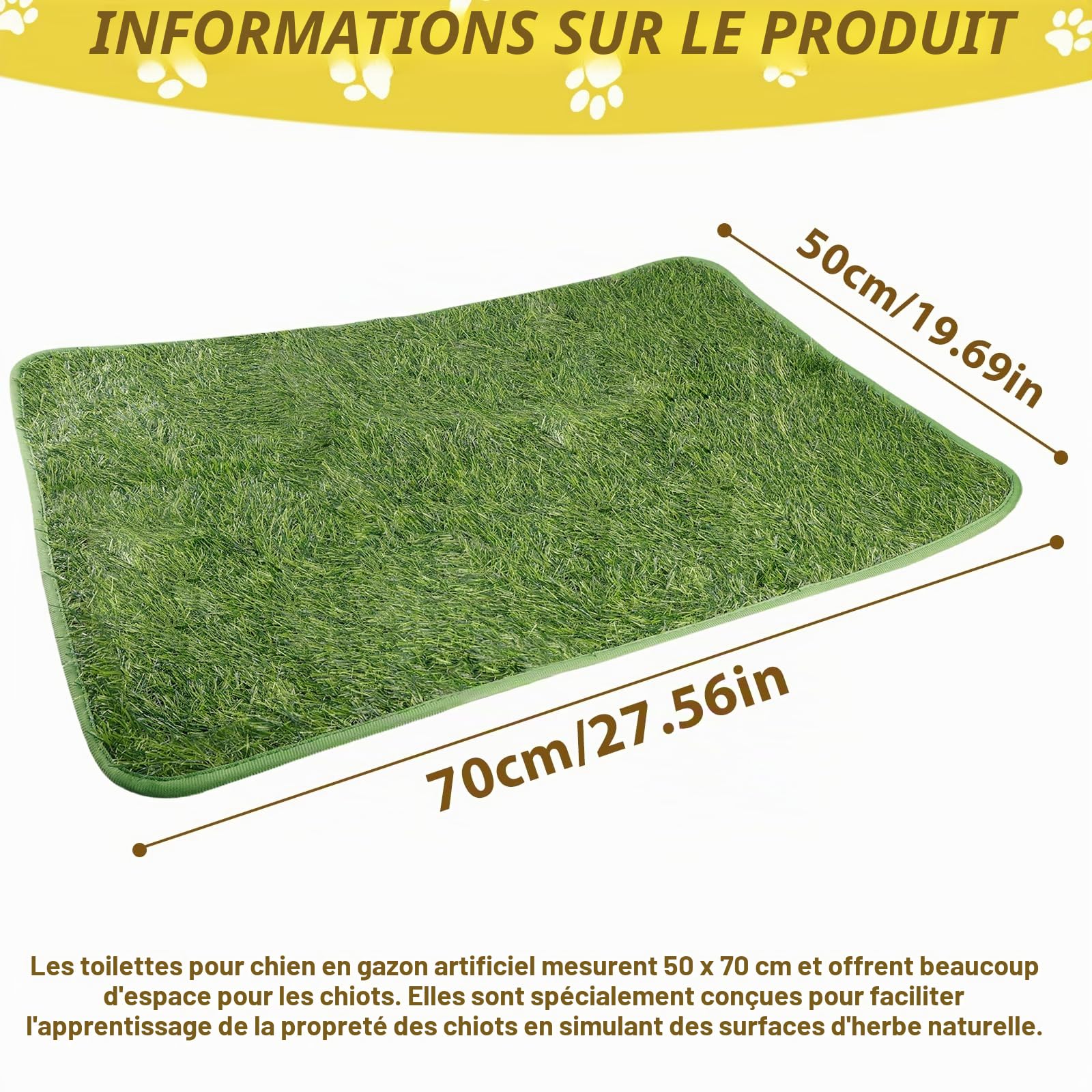 Bac à Litière pour Chien - Gazon Artificiel 50 x 70 cm - Tapis d'Entraînement pour Chiot - Lavable et Imperméable - Pour la Maison
