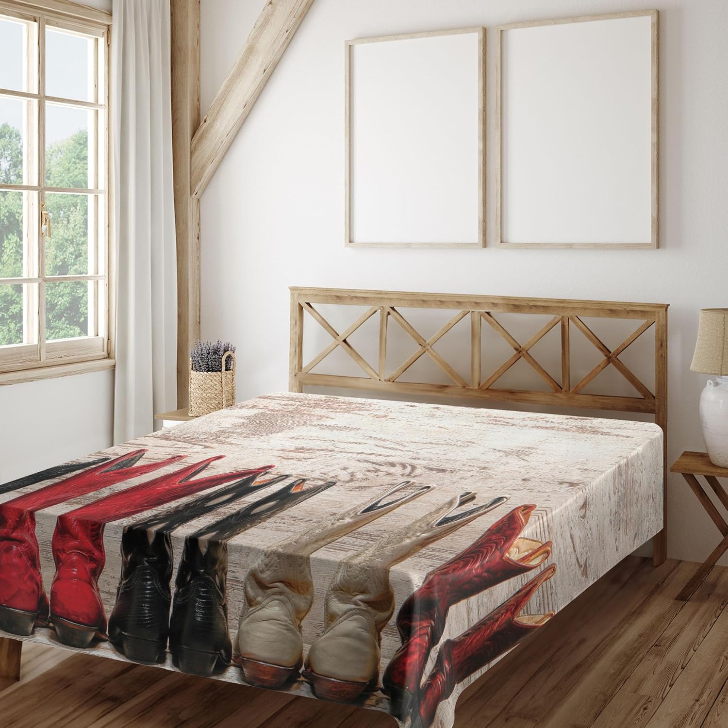 Ambesonne Western Flat Sheet, American Cowgirl Leather Boots Rustic Wild West Theme Cultural Print, Soft Comfortable Top Sheet Decorative Bedding 1 Piece, Queen Size, Beige Red Black