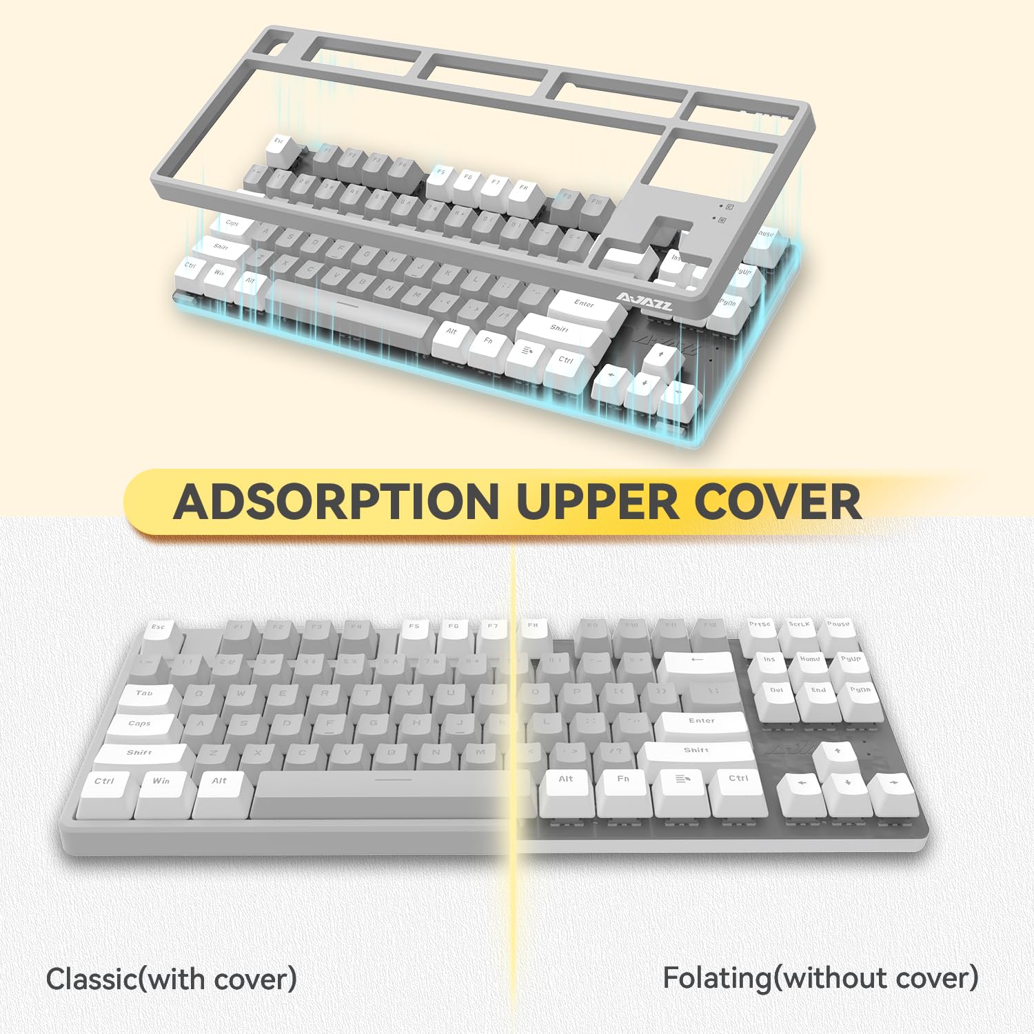 AJAZZ AK873-75% Teclado para juegos con cable USB C en espiral, interruptor rojo, teclado mecánico, LIGHTSYNC RGB TKL, 80% compacto, 87 teclas, cubierta superior magnética desmontable para PC/Mac,