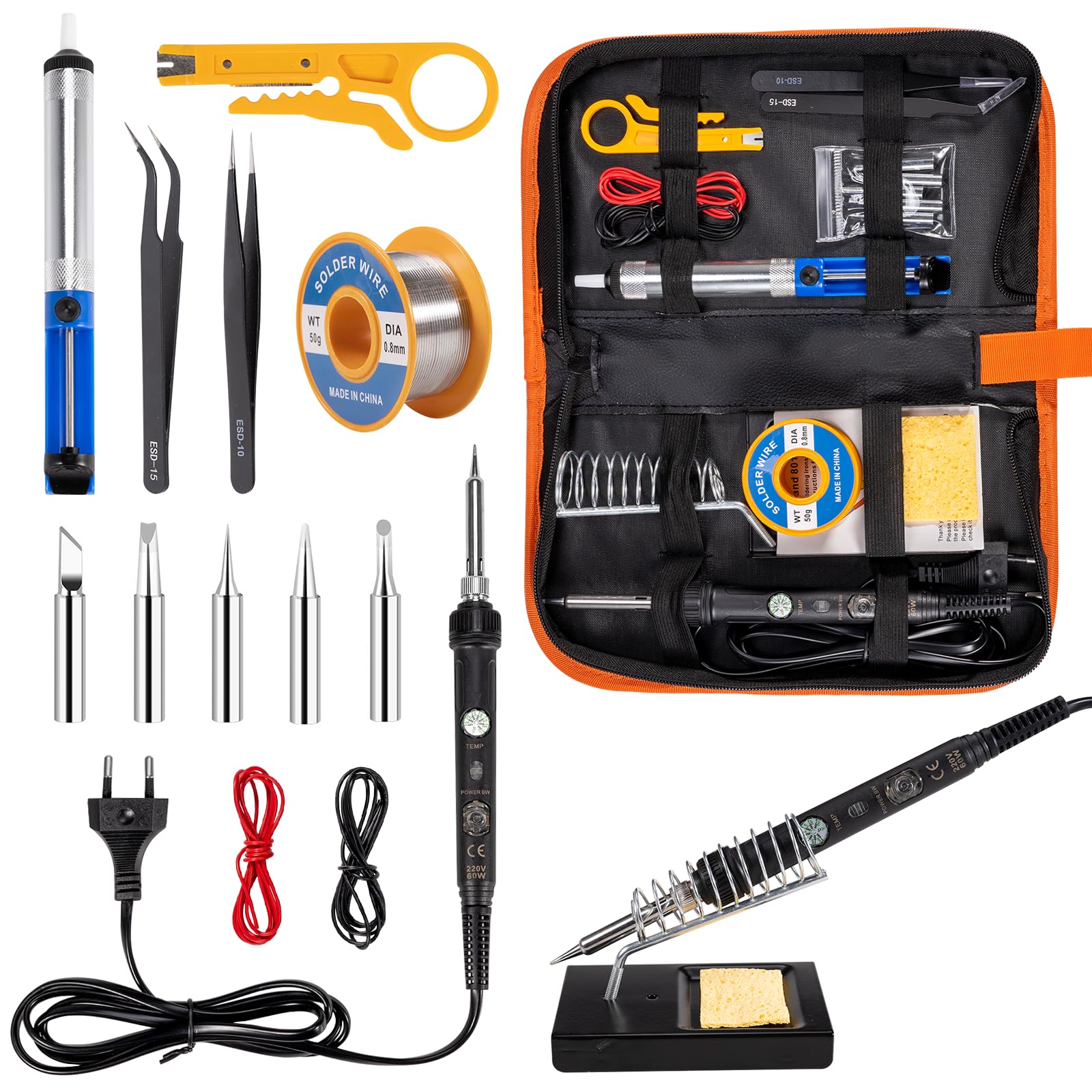 Saldatore a Stagno Kit 60W 16 in 1 Professionale, Temperatura Regolabile 220-480℃, Interruttore ON/OFF, 5 Punte, Pompa Dissaldante e Supporto - Kit Saldatura Elettronica per Riparazioni Fai da Te
