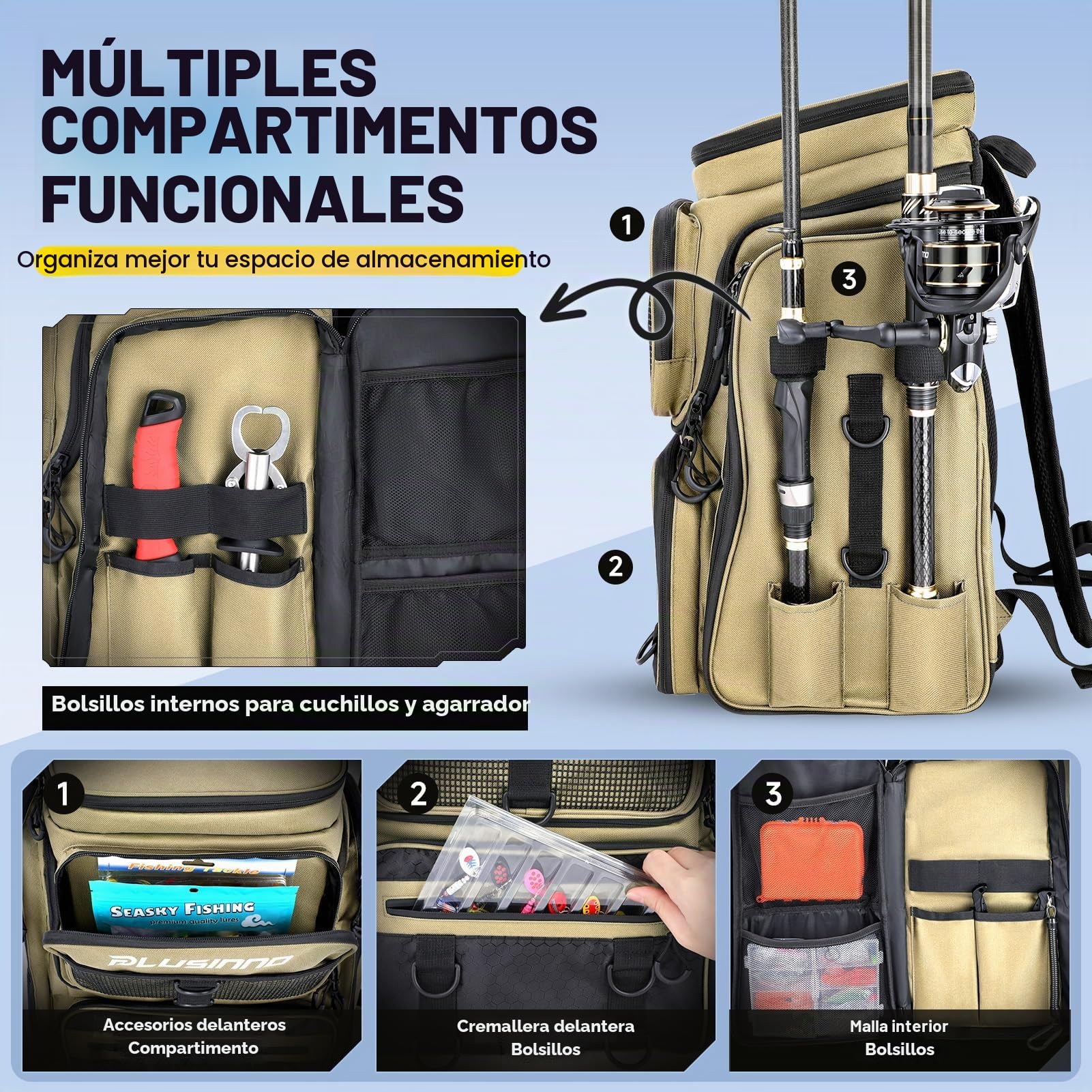 PLUSINNO Fishing Backpack With Tackle Boxes Mochila de pesca con cajas de aparejos Unisex adulto