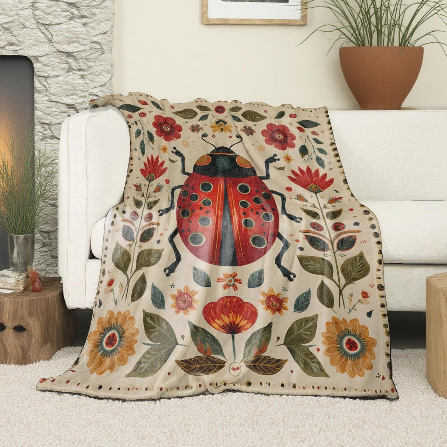 Ladybug Floral Blanket, Soft Cozy Lightweight Folk Art Style Red Ladybug Throw Blanket for Kids Girls Women, Sofa Couch Bed 50x60 Inch Colorful Flowers Flannel Blankets for Travel Decor Gifts