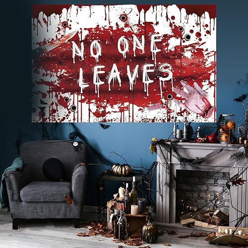 Miniatura 6 de Cartel de Halloween, decoraciones de Halloween sangrientas, 72 x 44 pulgadas, decoraciones de Halloween de nadie se va, telón de fondo de Halloween