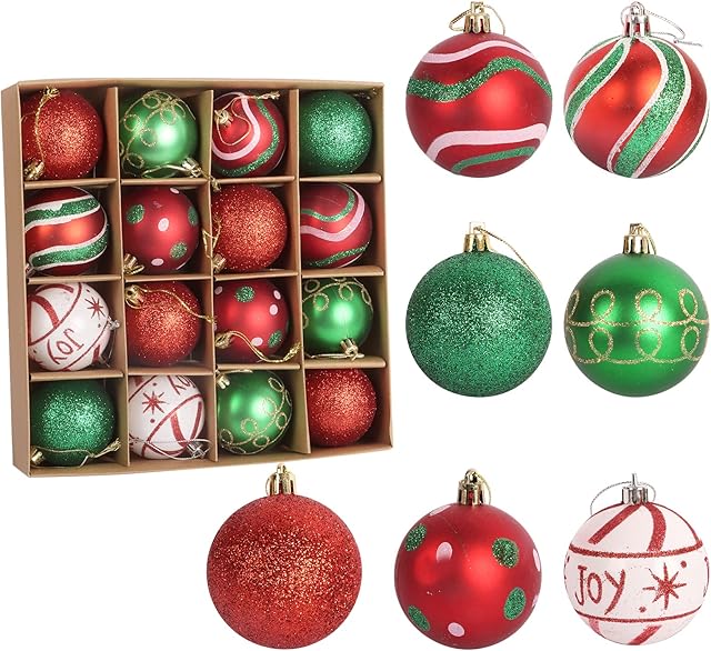 Kaket Christmas Baubles Balls for Christmas Tree, 16pcs Xmas Tree Baubles Christmas Shatterproof Balls Hanging Balls Ornaments for Christmas Decoration Xmas Party Decorations (Red Green)