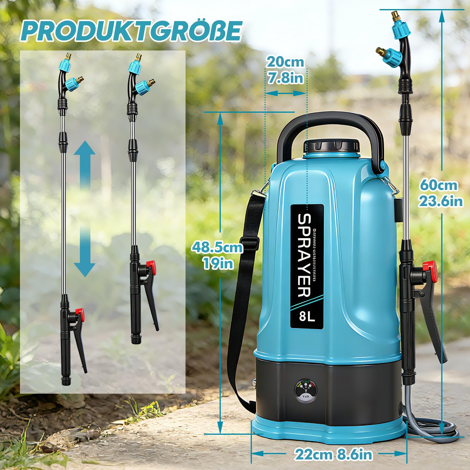 Akku Drucksprüher 8L,45PSI Elektrischer Pflanzensprüher Kompatibel mit Makita 12V Batterien,Rückenspritze Pflanzensprüher mit 4 Düsen,60cm Teleskopstab,2.0 Ah Akku,Ladegerät