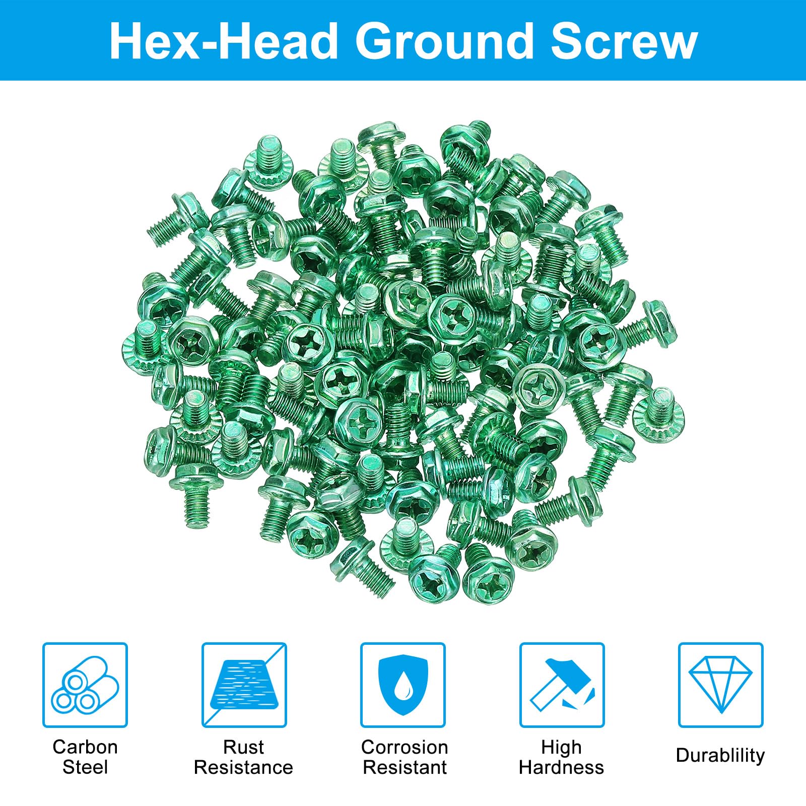 PATIKIL M4 x 6mm Thread Ground Screws, 100 Pack Green Electrical Grounding Screw Hex Phillips Head Flanged for Home Electrical Lamp - Image 3