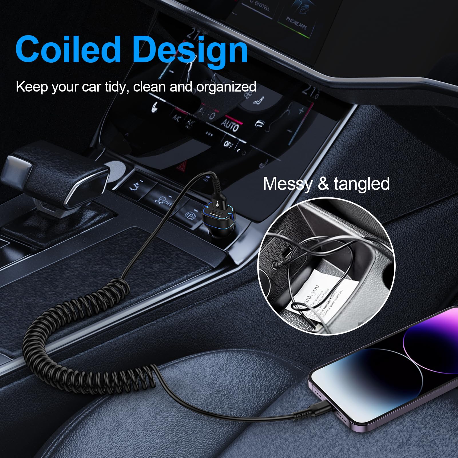 ADILIFT Cavo USB C A Spirale, [2 Pezzi 0.3M-1M] USB A A C Corto, Cavo Di Ricarica per iPhone 16/15/Plus/ProMax, Galaxy S24 Ultra S23 FE S22 S21, Google Pixel, Xiaomi, Nero