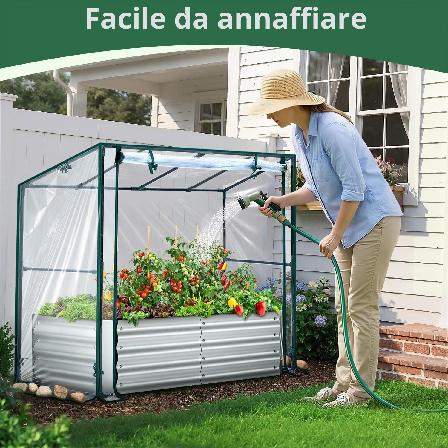 Ohuhu Aiuola rialzata 3 in 1 in metallo con serra e pellicola in PVC, fioriera rialzata con pomodoro, aiuola con struttura in acciaio, per giardino, 120 x 60 x 30 cm
