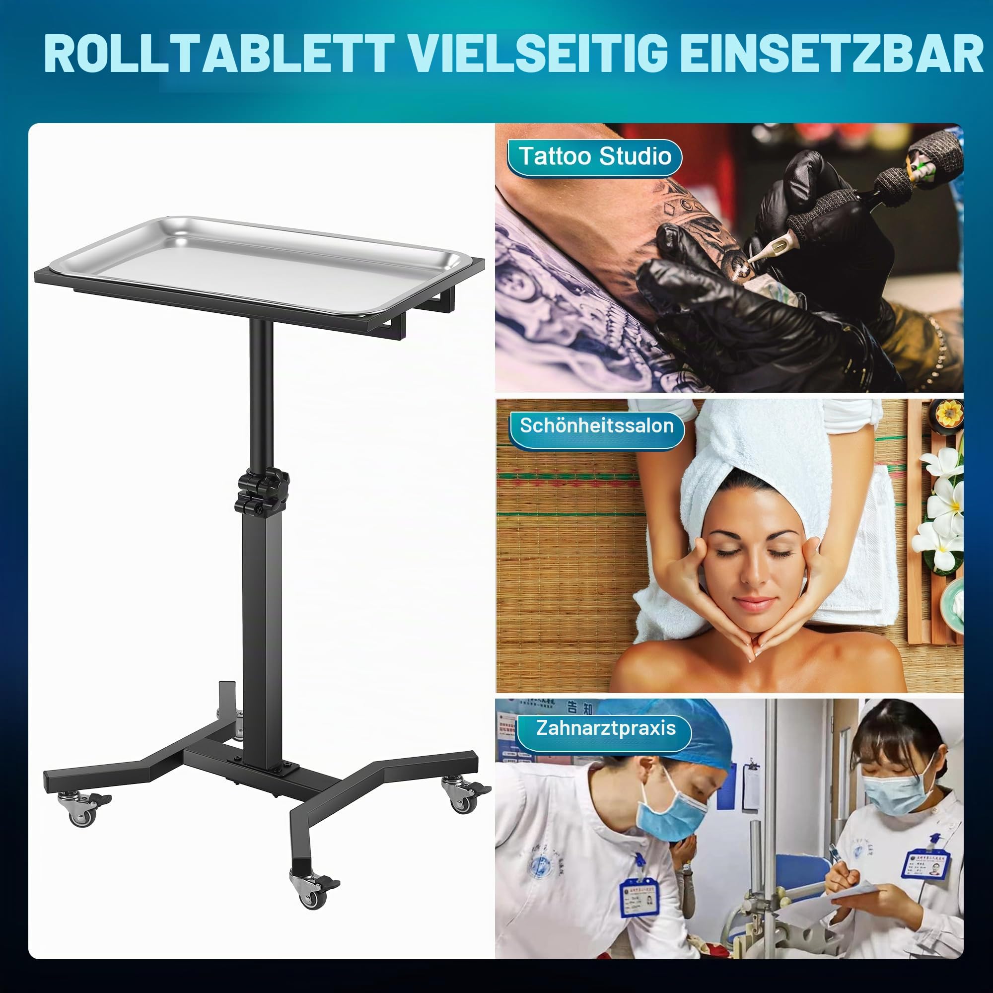 POARMEEY Tattoo-Tablett mit Rädern, höhenverstellbar, Trolley für Studio