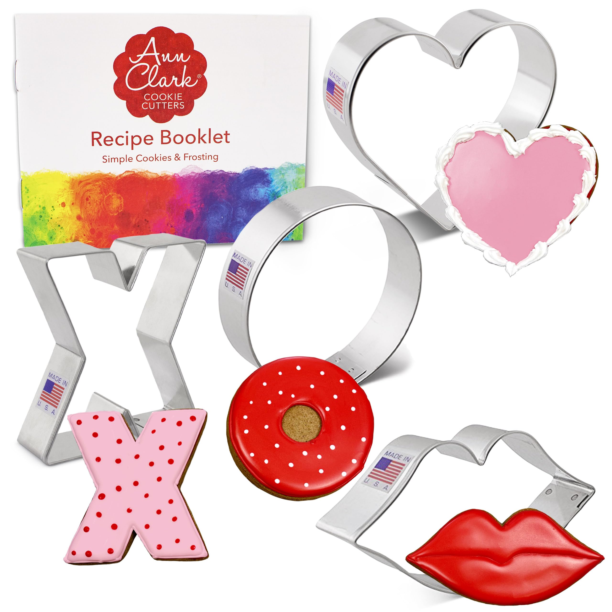 Ann Clark Cookie Cutters Juego de 4 cortadores de galletas San Valentín con libro de recetas, labios, corazón, letra X y letra O
