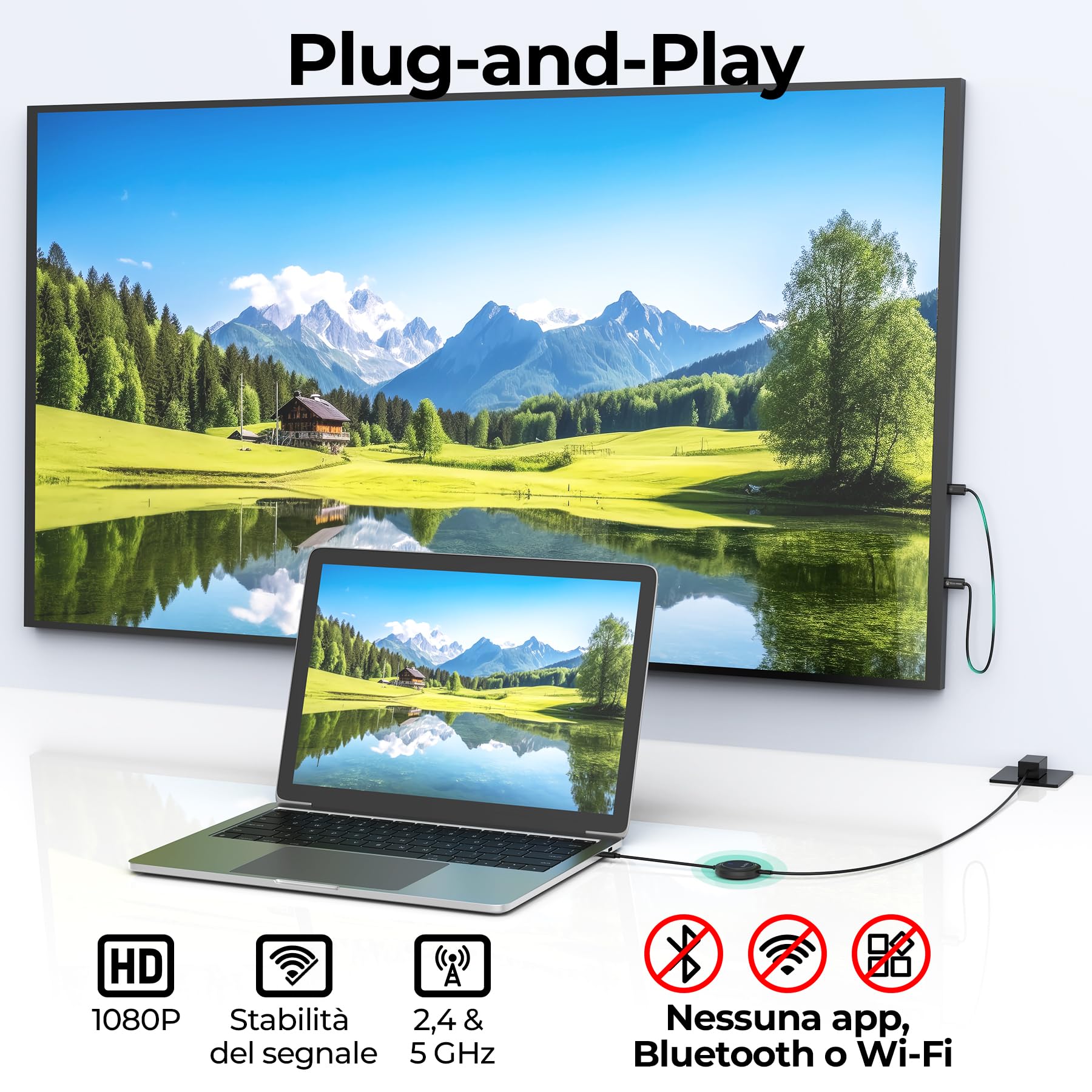 SUIDEK Trasmettitore e ricevitore HDMI wireless, Estensore USB-C a HDMI con PD3.0, Adattatore per la visualizzazione wireless per lo stream di video da telefono/laptop/fotocamera a monitor/proiettore
