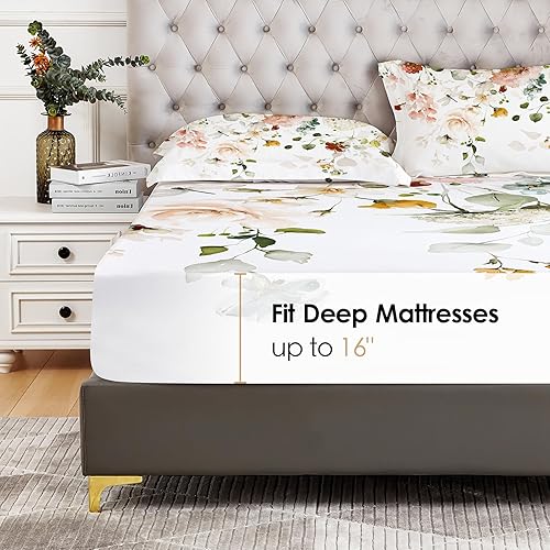 Miniatura 2 de YIYEA Sábana bajera ajustable floral con funda de almohada, de microfibra de doble cepillado de alta calidad, tamaño King, sábana bajera ultra