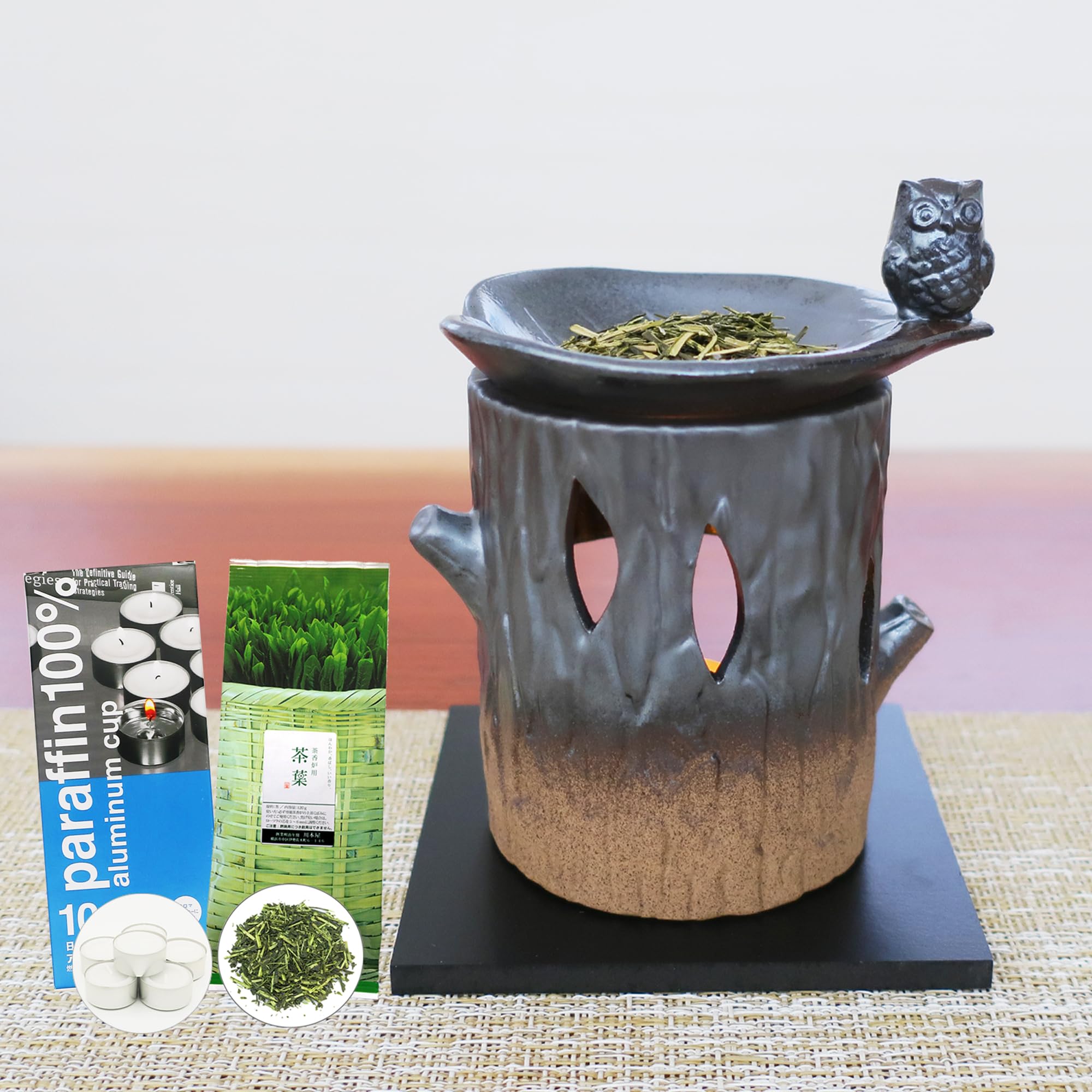 Kawamoya Tea Pub Incense Burner Set, Owl, Tokoname Ware, Tea Leaves for Tea Incense Burners, 3.9 oz (110 g), Includes 10 Candles, Can Start Immediately, Deodorizing, Aroma, Incense