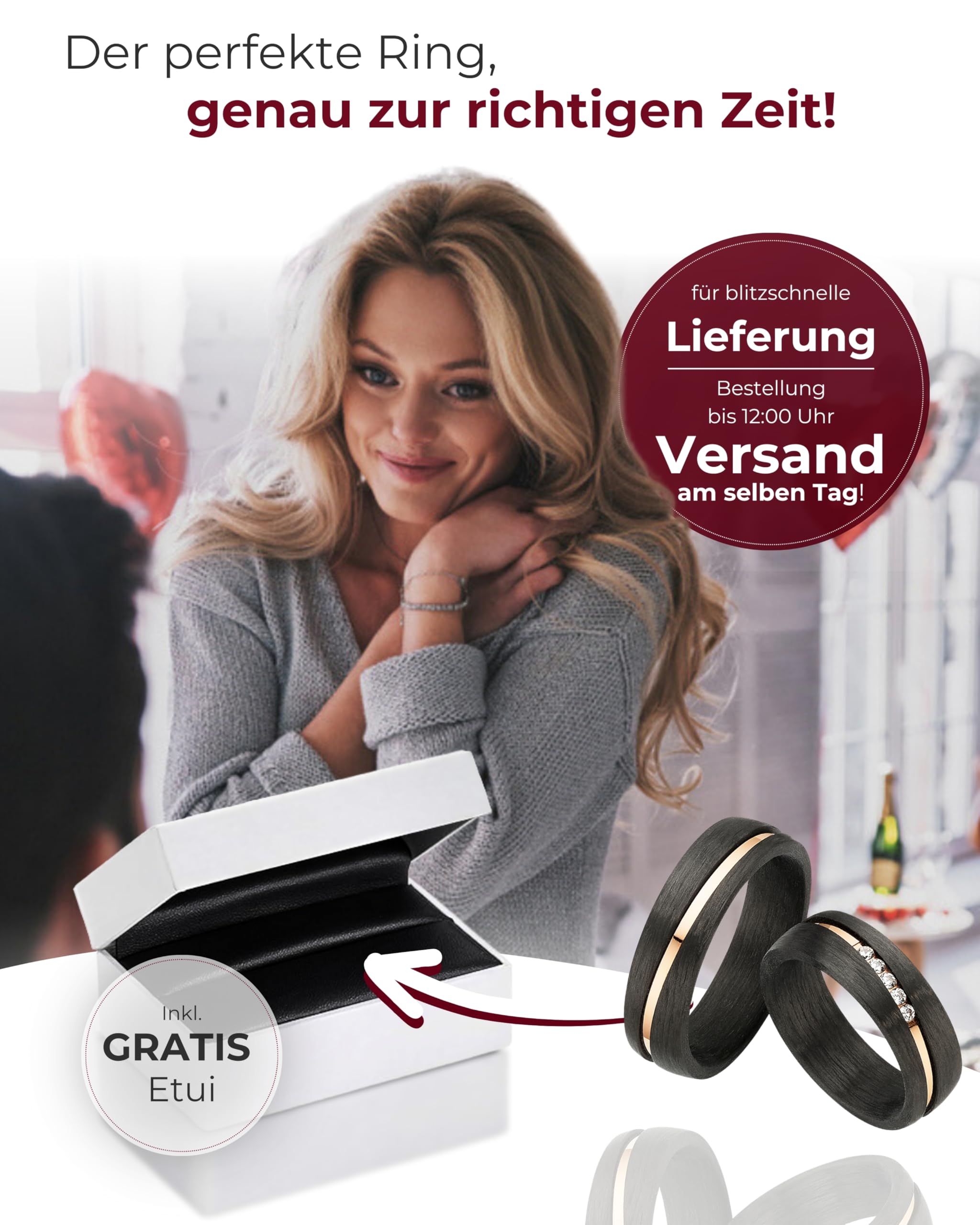 123traumringe Eheringe Set in Carbon & Titan I Partnerringe mit 5 Zirkonia & Etui I Gravierbare Verlobungsringe mit Ringgröße 50-72 I Trauringe in 6 mm Breite & 1,9 mm Stärke I S 81