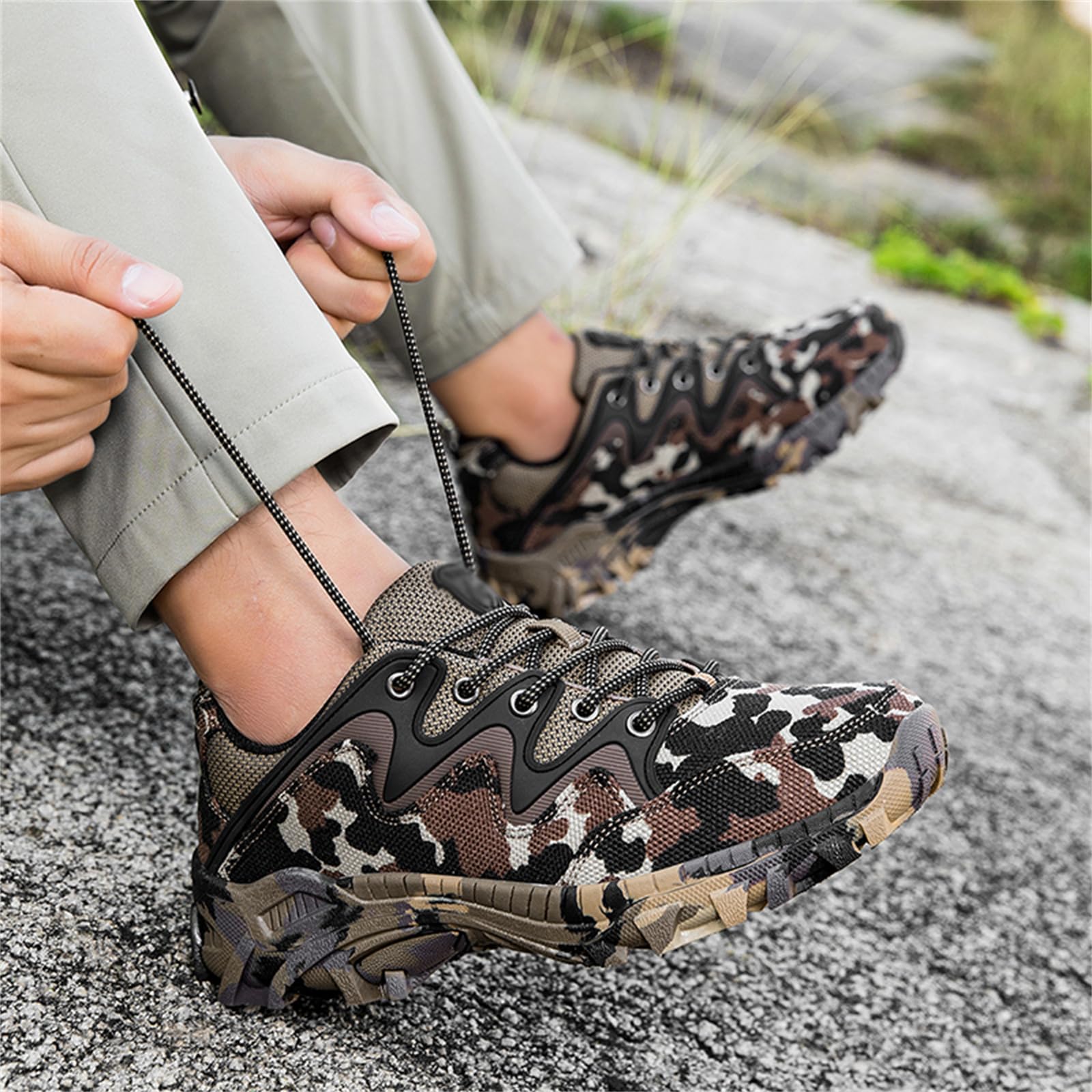 Męskie buty trekkingowe niskie trampki płótna chodzenia kemping | Lekkie i przewiewne, Antypoślizgowe sznurowane, casualowy outdoorowy, Obuwie trekkingowe i podróżne