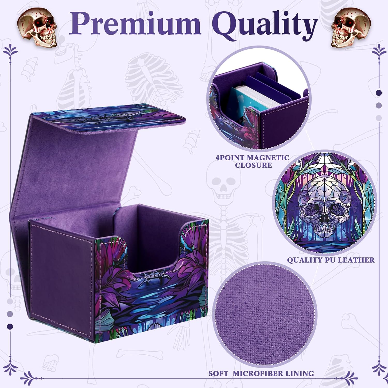 Wonderjune Leather Card Deck Case Compatible with MTG Cards Holds 120+ Trading Cards Strong Magnet Storage Card Box with 2 Dividers Compatible with TCG CCG(Purple,Horizontal Skull)