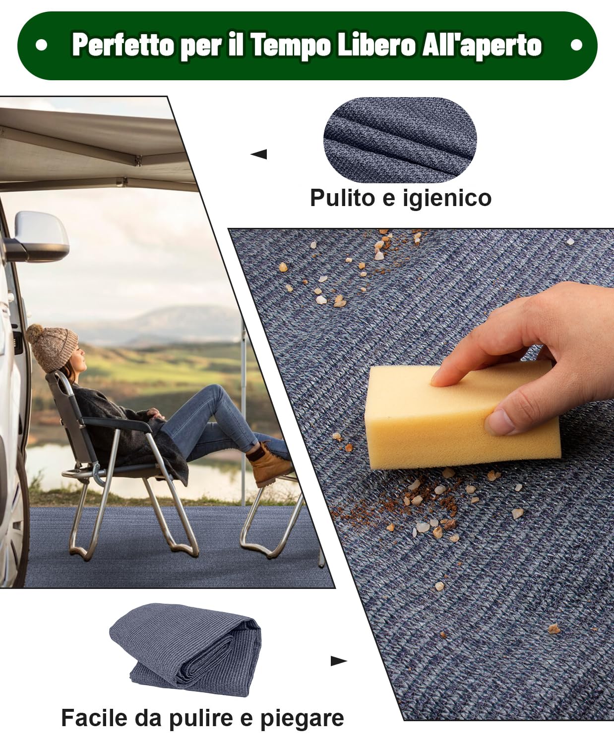 LOVE STORY Stuoia Campeggio, Tappeto da Campeggio in HDPE, Tappeto da Esterno per Picnic Tenda con 4 Picchetti a T, Grigio Blu