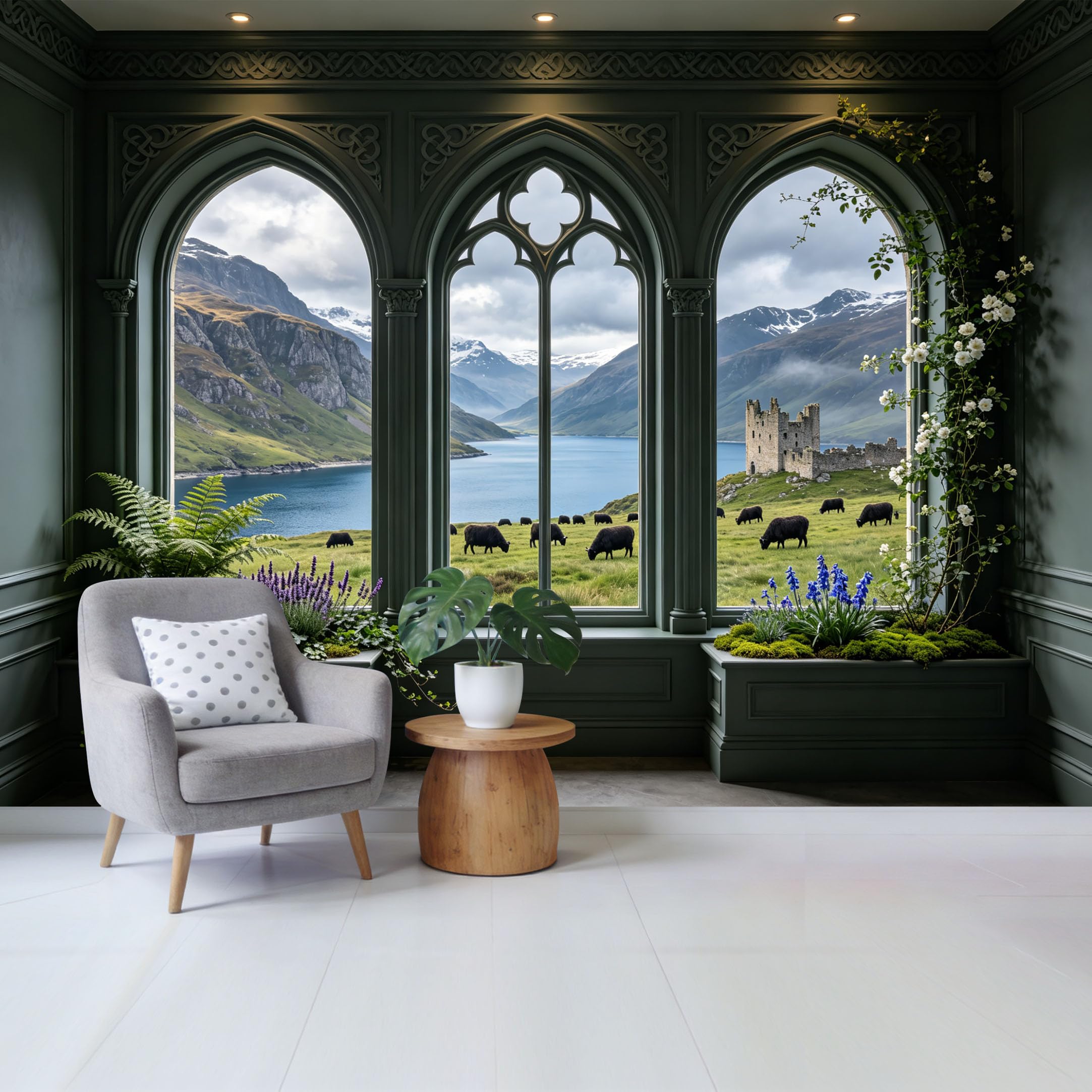 Removable Self Adhesive Fabric Mural， Highland Castle Lake Mountain Custom Size Wall Covering， UV Protected Waterproof Washable Wall Decor for Living Room Bedroom Bathroom