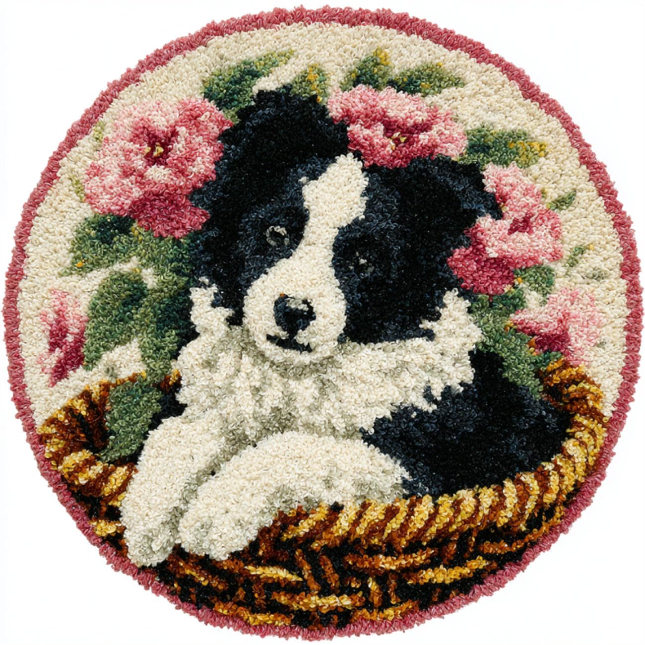 Kitquiver Dog Animal Rug Making Kit for Adults Border Collie in The Flower Basket DIY Rug Making Craft Kits with Yarn & Canvas and Crochet Needle Embroidery Decoration 50x50cm